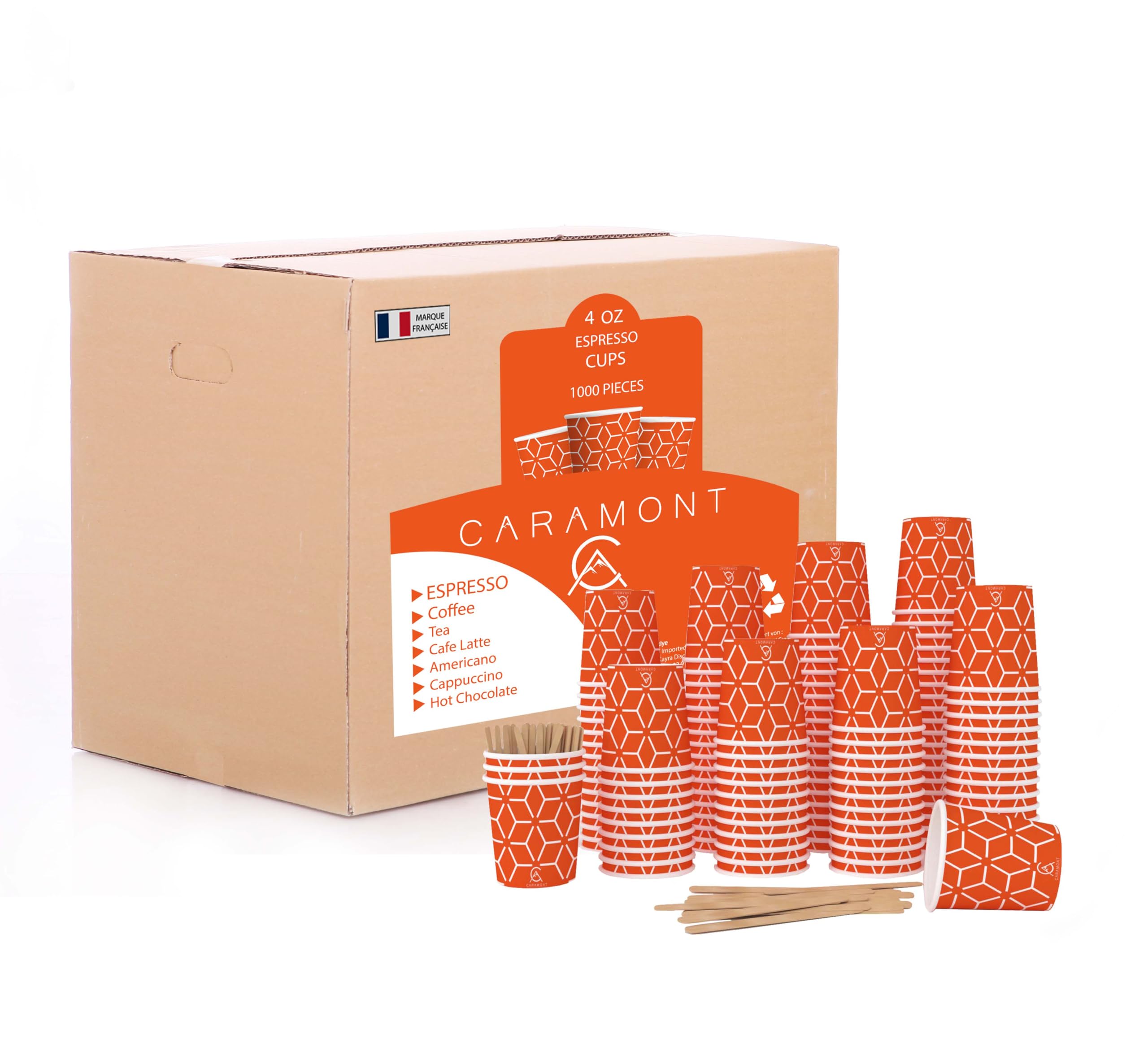 Caramont,4 Oz 1000 Espresso Gobelets en Carton avec Agitateurs en Bois,Écologique et Jetables,Résistant à la Chaleur,Carton de Qualité,Idéal pour Toutes Les Boissons Chaudes ; Café,Thé,Chocolat etc.