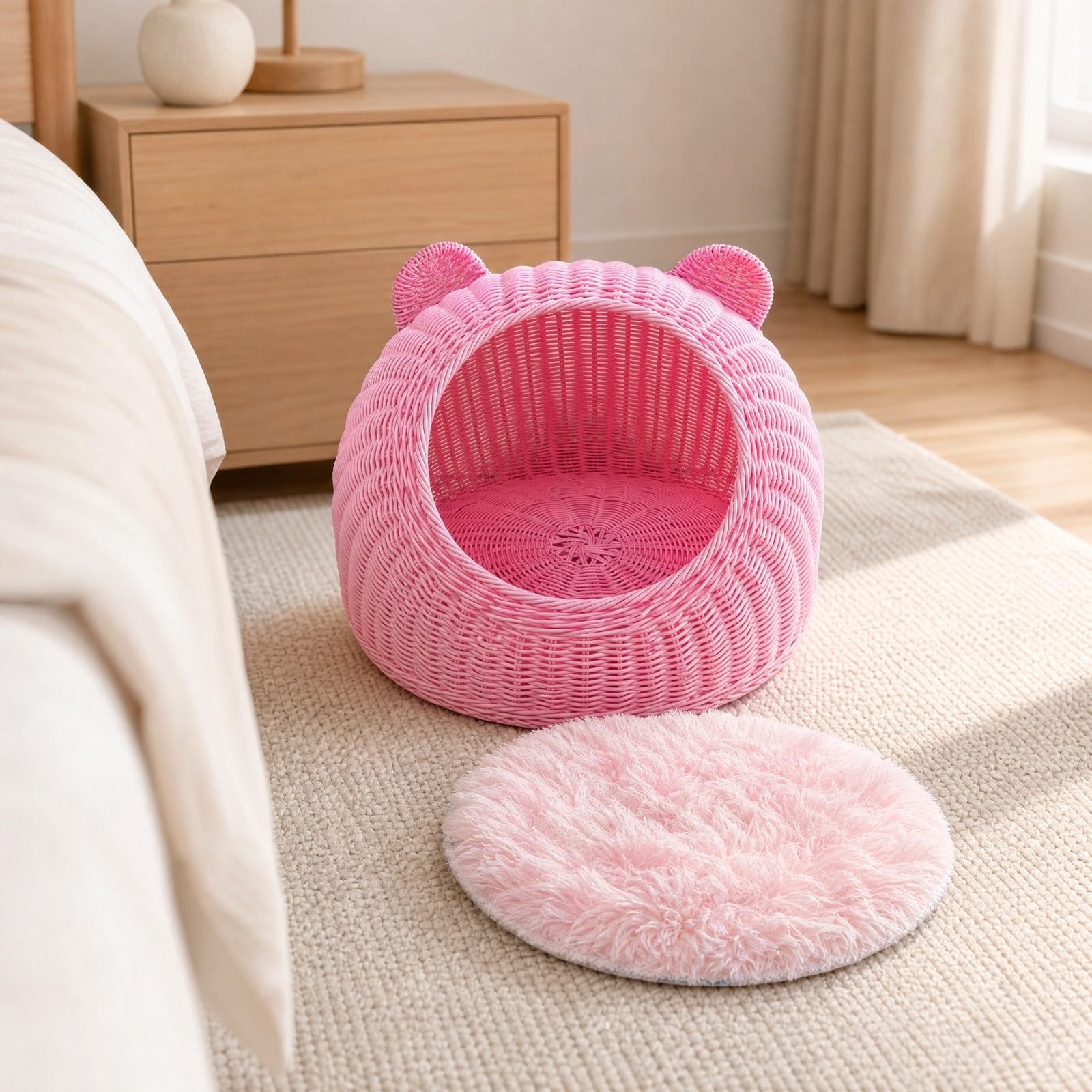 Cesta Cesto Mimbre Redondo Tejido Orgánico con Cojín Lavable Transpirable Diseño Orejas Atractivo Adecuada para Mascotas Acogedor Dormitorio, L