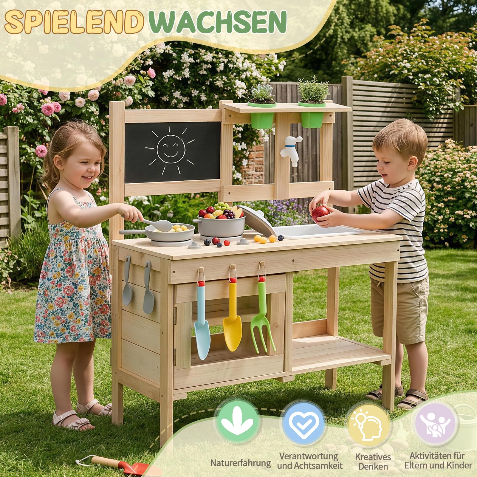 LALAHO Matschküche Outdoor, Gartenspielküche mit Spüle, Wasserhahn & Blumentopf, Kinderküche mit Herd und Tafel, Spielküche geeignet für Kinder ab 3 Jahren, Naturholzfarbe