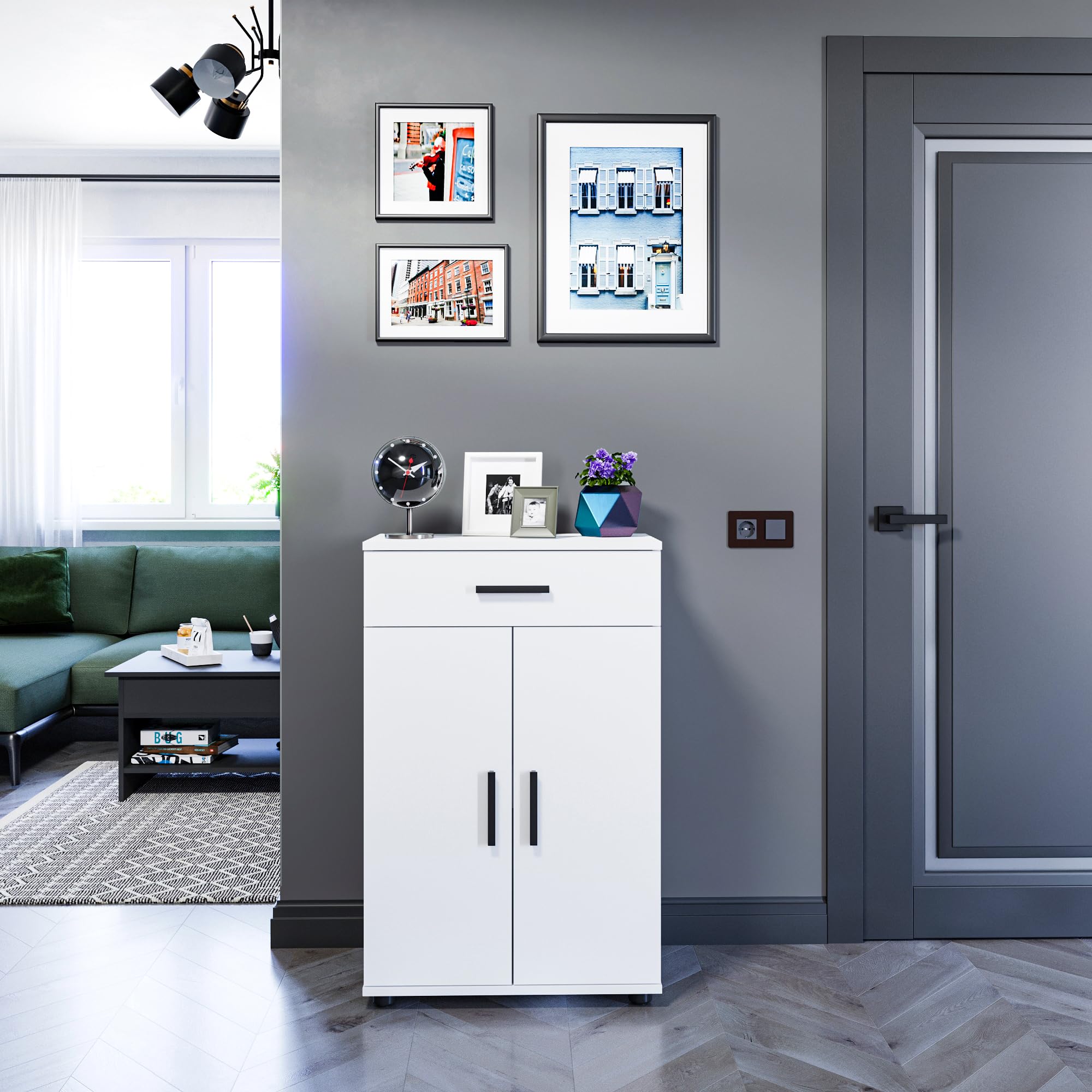 Komto Buffet Blanc – Meuble 2 Portes et 1 Tiroir pour Salon, Commode Meuble de Rangement | Porto 93 x 60 x 34 cm