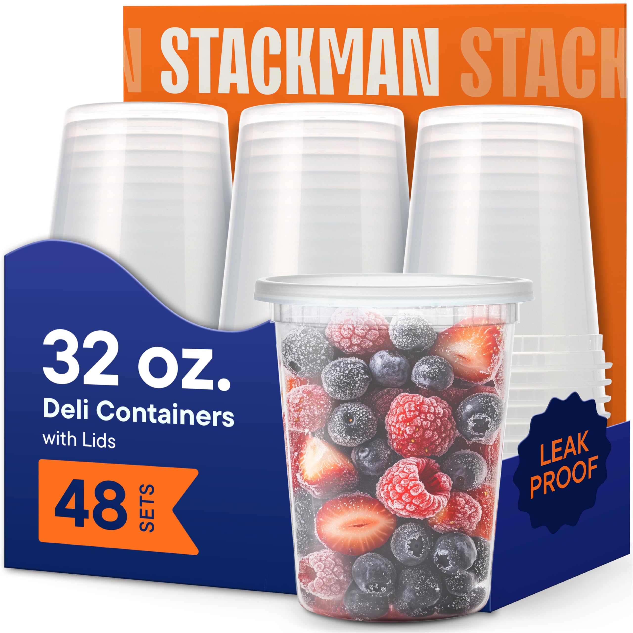 Stack Man 32 oz Deli Containers with Lids (48 Sets) – Quart Clear Plastic Food Storage Containers, Airtight Leak-Resistant Seal, BPA-Free, Microwave &