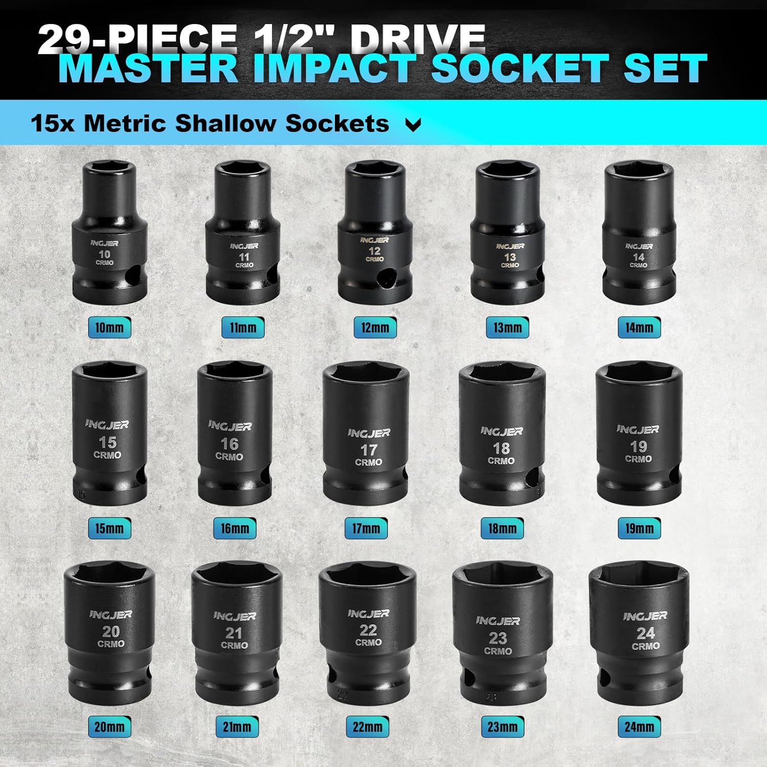 1/2" 29PCS Drive Impact Socket Set, SAE (3/8 to 1 inch) and Metric (10-24mm) Sizes with Extension Bars Standard Shallow Socket Set CR-MO Material High Torque Truck Bearing Locknut