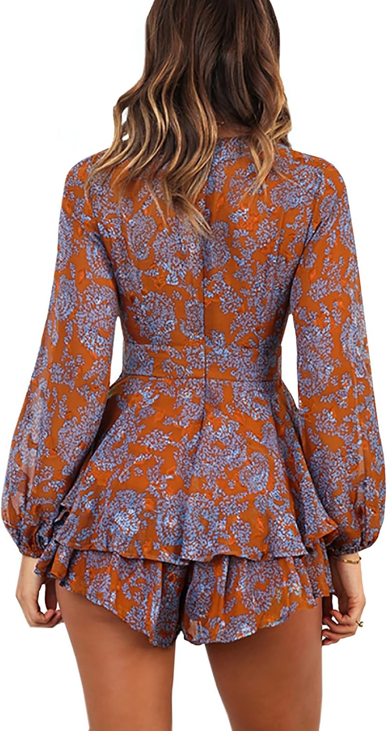 AIMCOO Women's Floral Print Deep V-Neck Romper Double Layer Ruffle Hem Jumpsuits Long Baggy Sleeves Waist Tie Short Rompers - Image 6