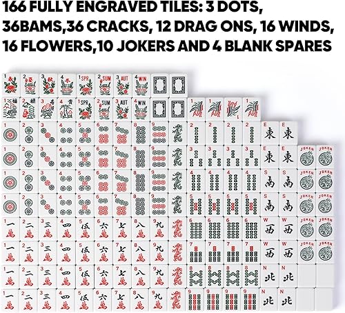 Miniatura 4 de J.C&T American Mahjong - Juego de 166 azulejos de alta calidad con 4 bastidores todo en uno, 100 fichas, 1 indicador de viento, manual en inglés