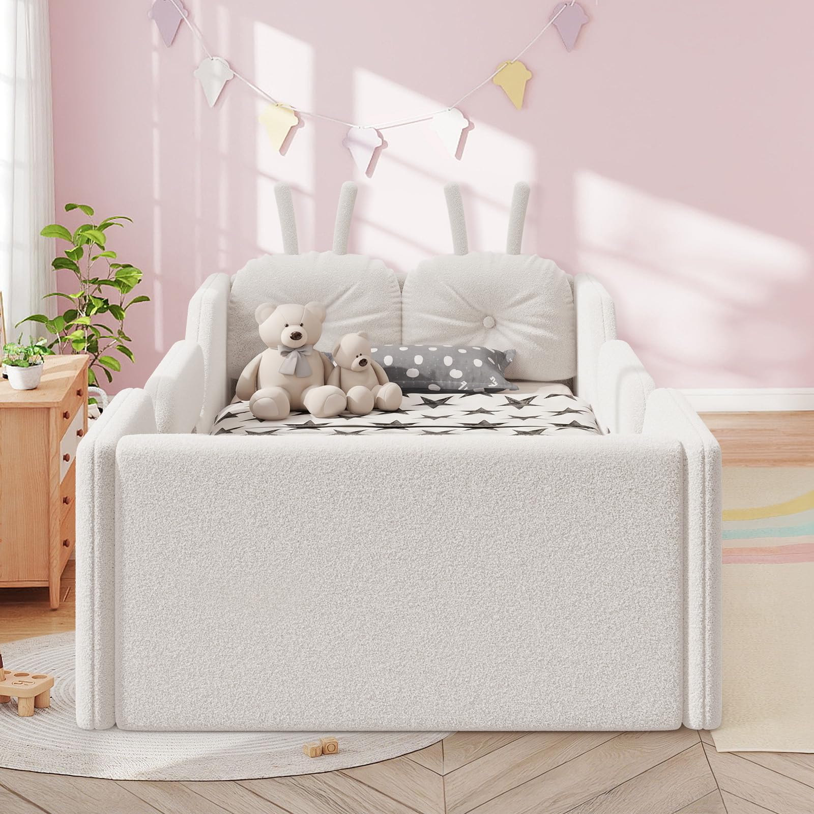 Twin Size Kids Bed with Rabbit Cushions, Upholstered Boucle Fabric Platform Floor Twin Daybed with Removable Side Rail, Space-Saving Wooden Corner Sofa Couch Bed Frame for Girls, Boys, Teenager(White)