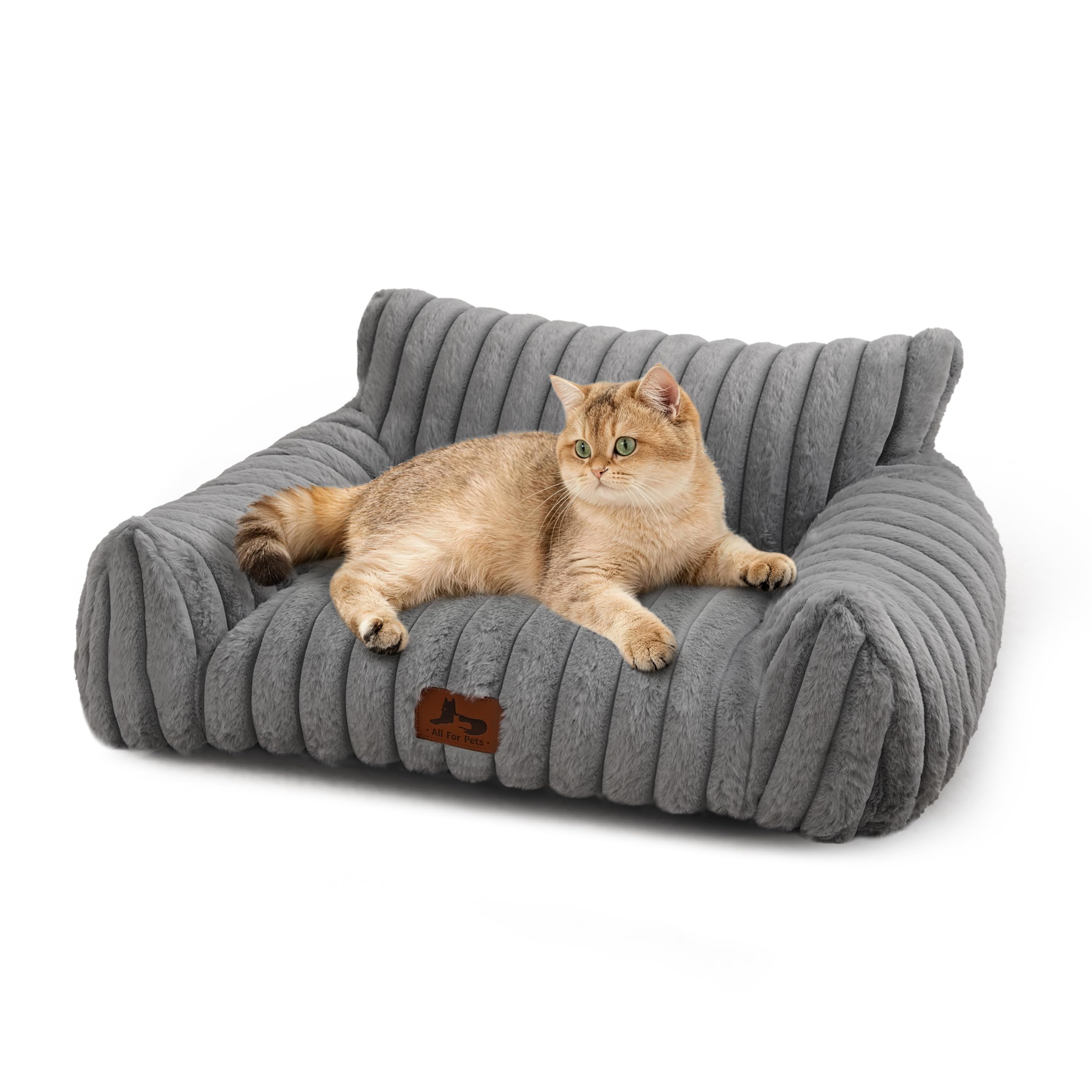 Cat Couch for Pets, Cute Cat Bed with Cozy Soft Faux Rabbit Fur for Kitten, Fuzzy Cats Sofa for Indoor Cats, Supportive Pet Sofa with Removable Washable Cover, Light Gray, 24"