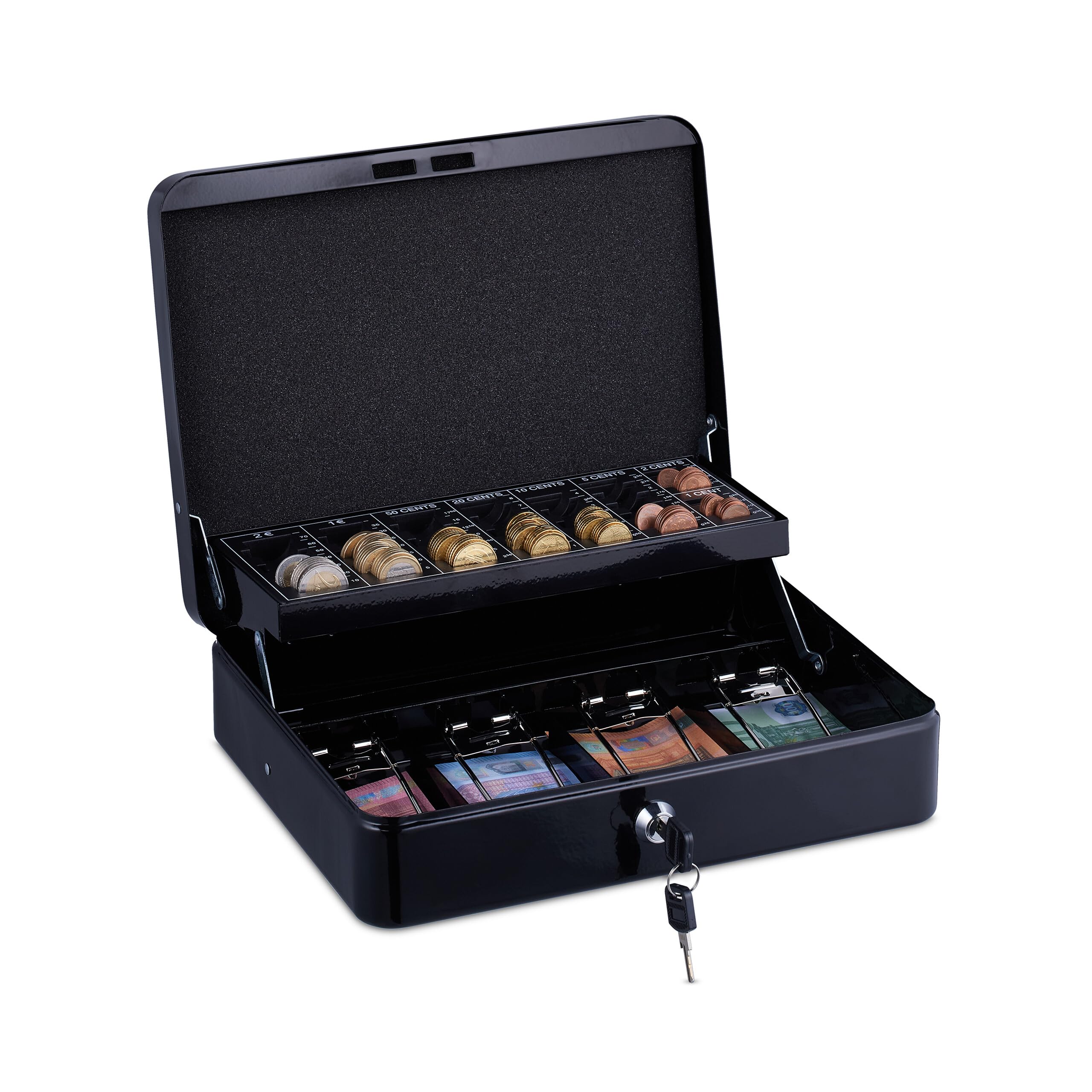 Relaxdays Cash box, lockable, iron, coin counting board & 4 note compartments, HBT: 8.5 x 30.5 x 24.5 cm, cash box, black