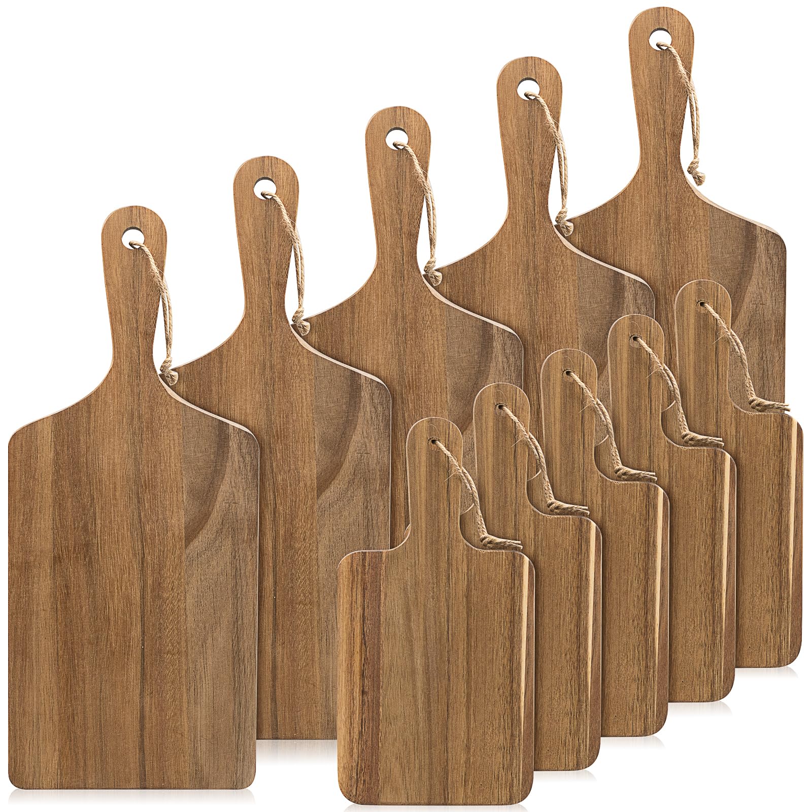 10er Set Akazienholz Schneidebrett mit Griff, 2 Größen Küchenschneidebrett Holz, Groß Servierbrett Holz für Fleisch Brot Gemüse Käse Tapas Pizza (40x17 / 30x15cm)