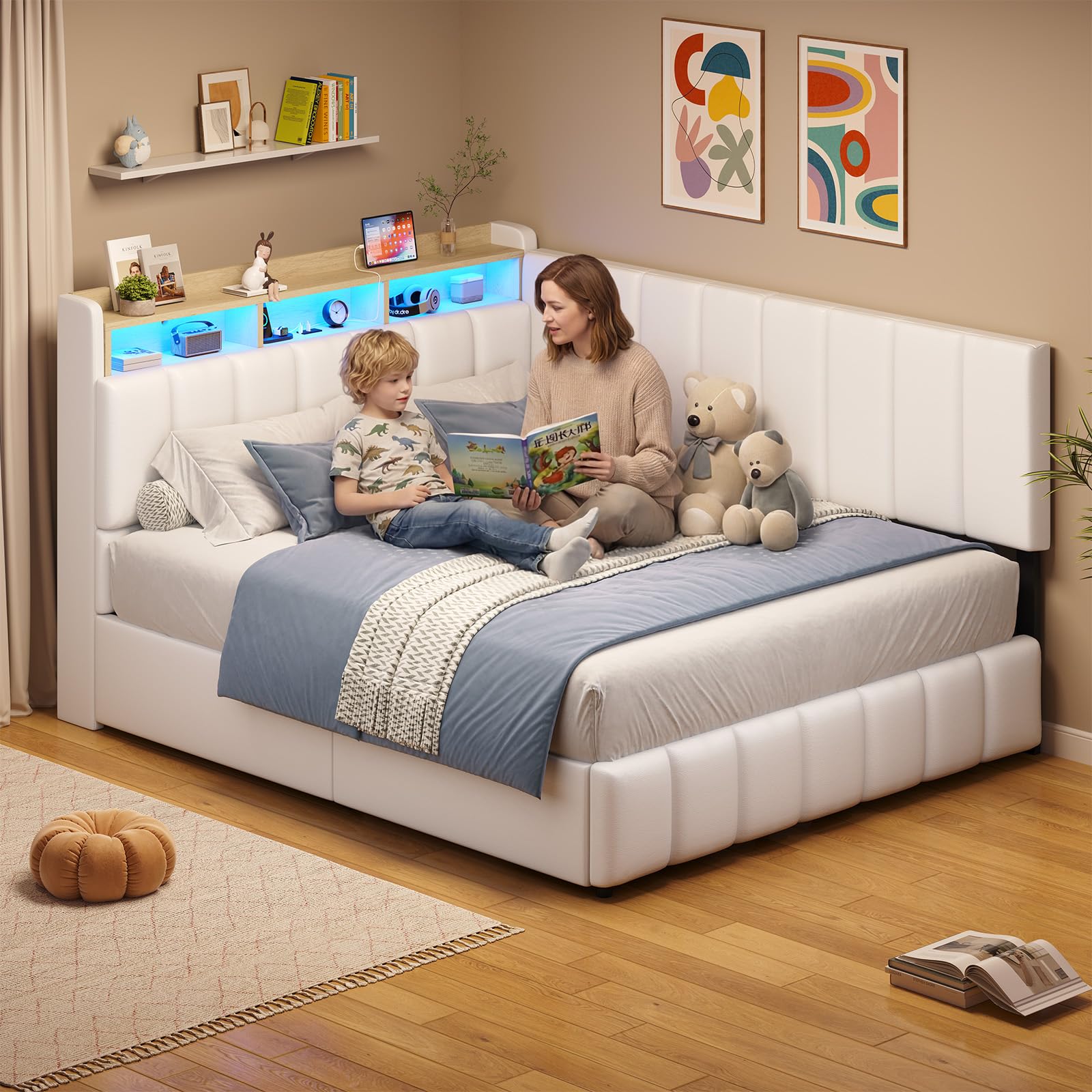 Cama tapizada con iluminación LED, cama juvenil de 140 x 190 cm, cama con somier y estación de carga, cabecero con espacio de almacenamiento oculto, Amplio espacio de almacenamiento,color blanco PU