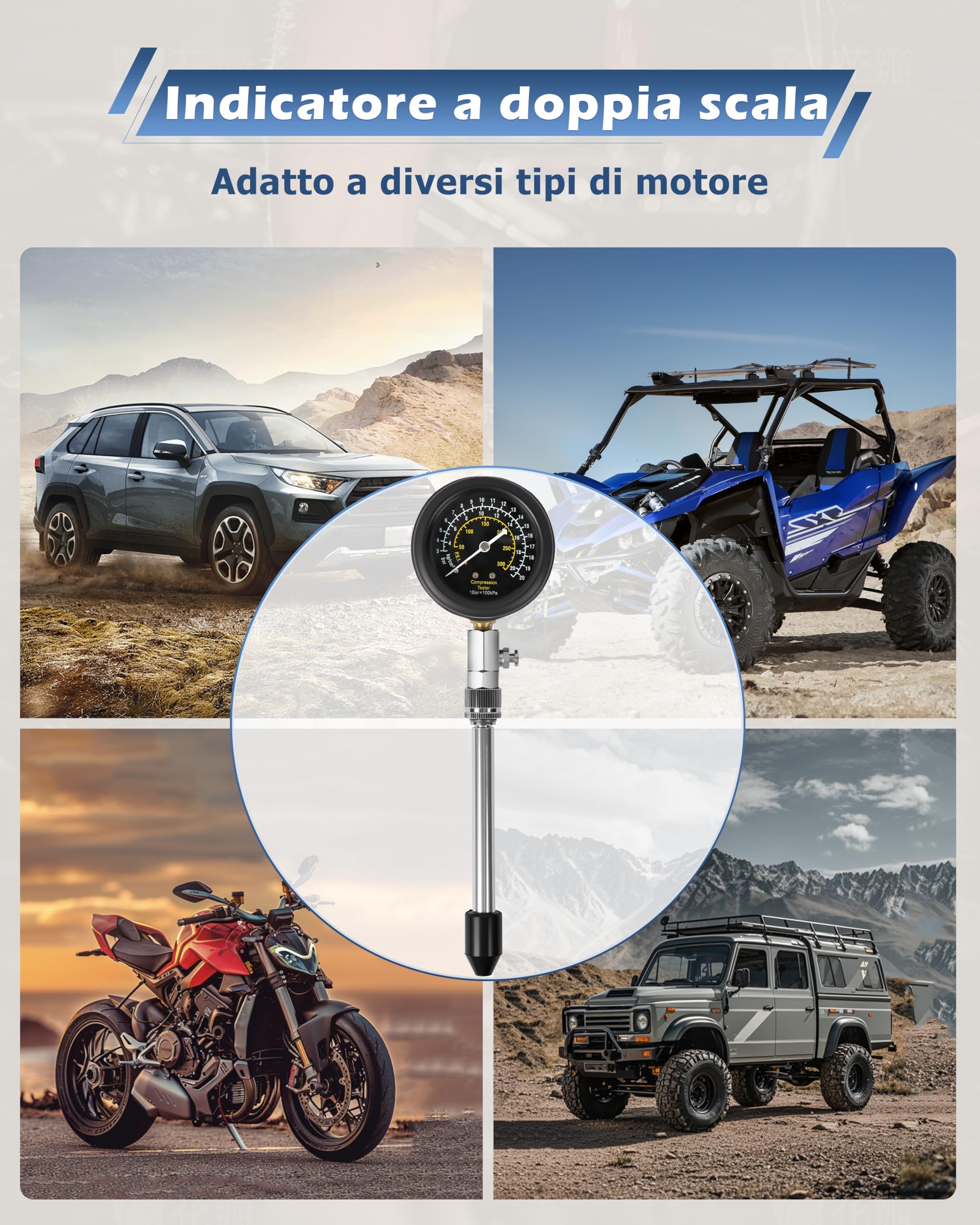DAYUAN Set di 9 tester di compressione, tester di compressione, per controllare la compressione del motore, misurare, per auto, M10, M12, M14, M18, 0-20 bar e 0-300 psi