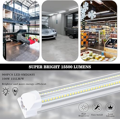 Miniatura 2 de Lámpara LED de tienda de 8 pies, 100 W, 15500 lúmenes, luces de tienda T8 para garaje, 6000 K de 8 pies, luces de garaje enlazables en forma de V,