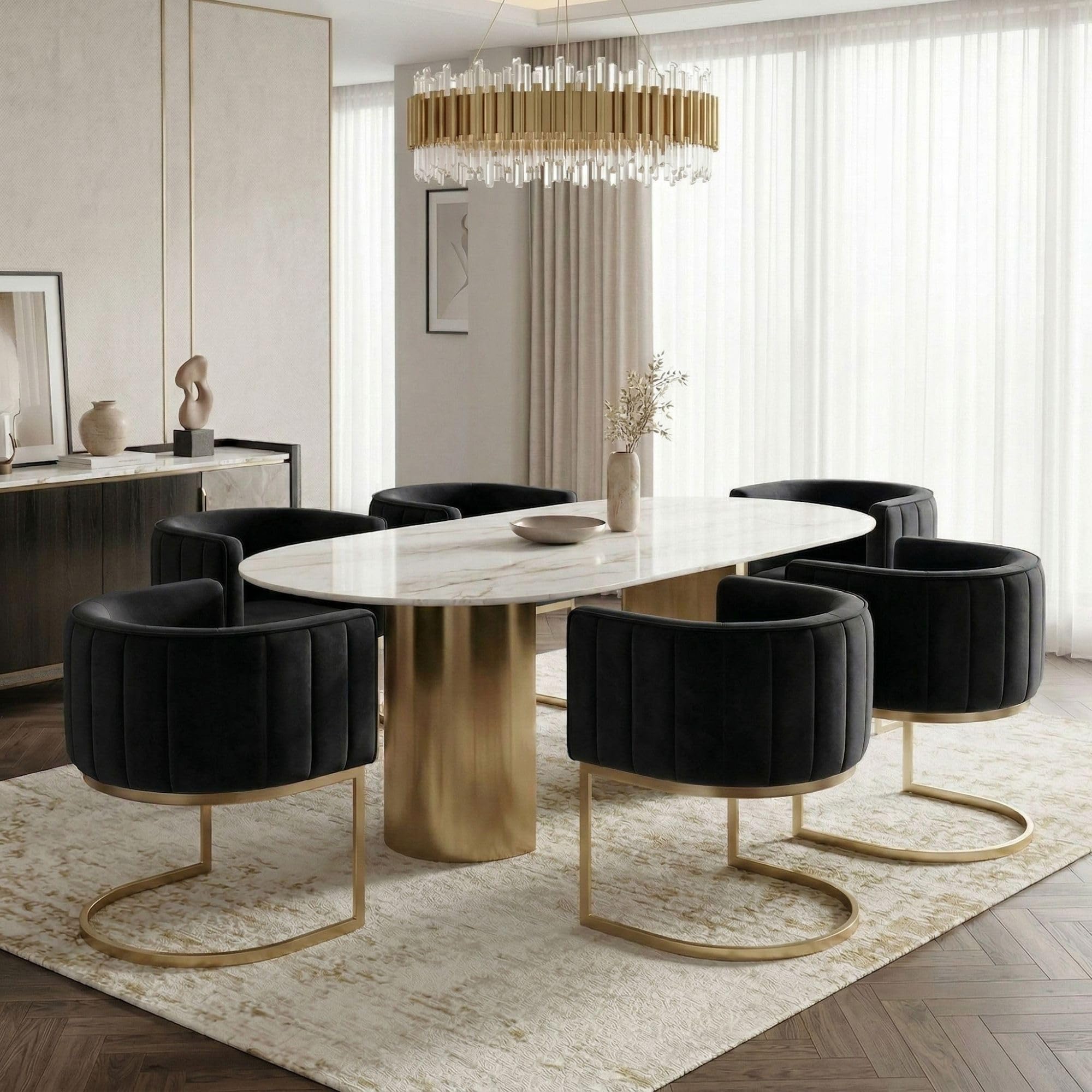 Hyfirm Black and Gold Velvet Barrel Dining Chairs Set of 6
