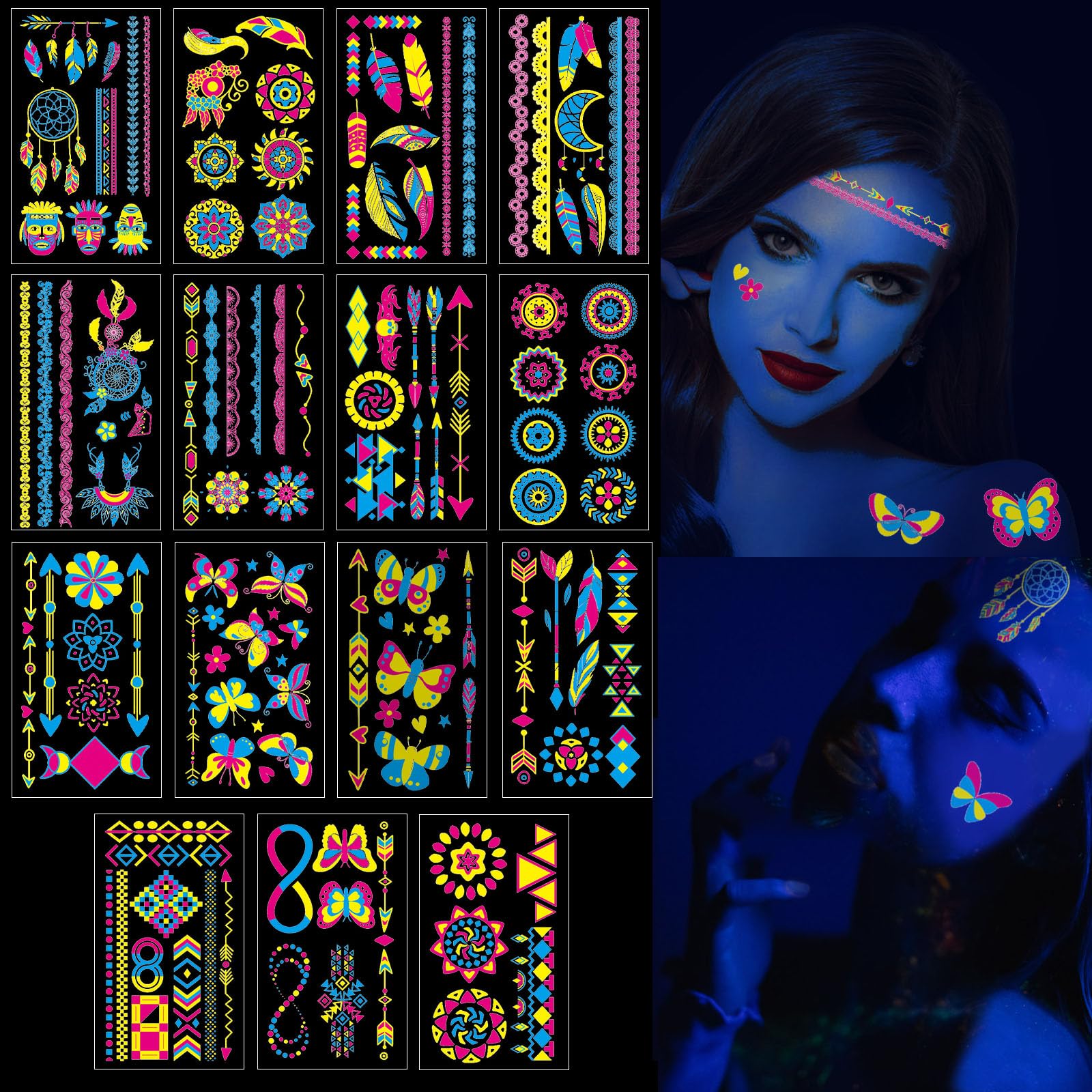 ZOCONE 15 Hojas Tatuajes Temporales Adultos Neon Tatuajes Temporales Fluorescentes Impermeable Tatoos Temporales Neon UV Pegatinas Tatuajes Luminoso para Neon Fiesta Maquillaje Festival
