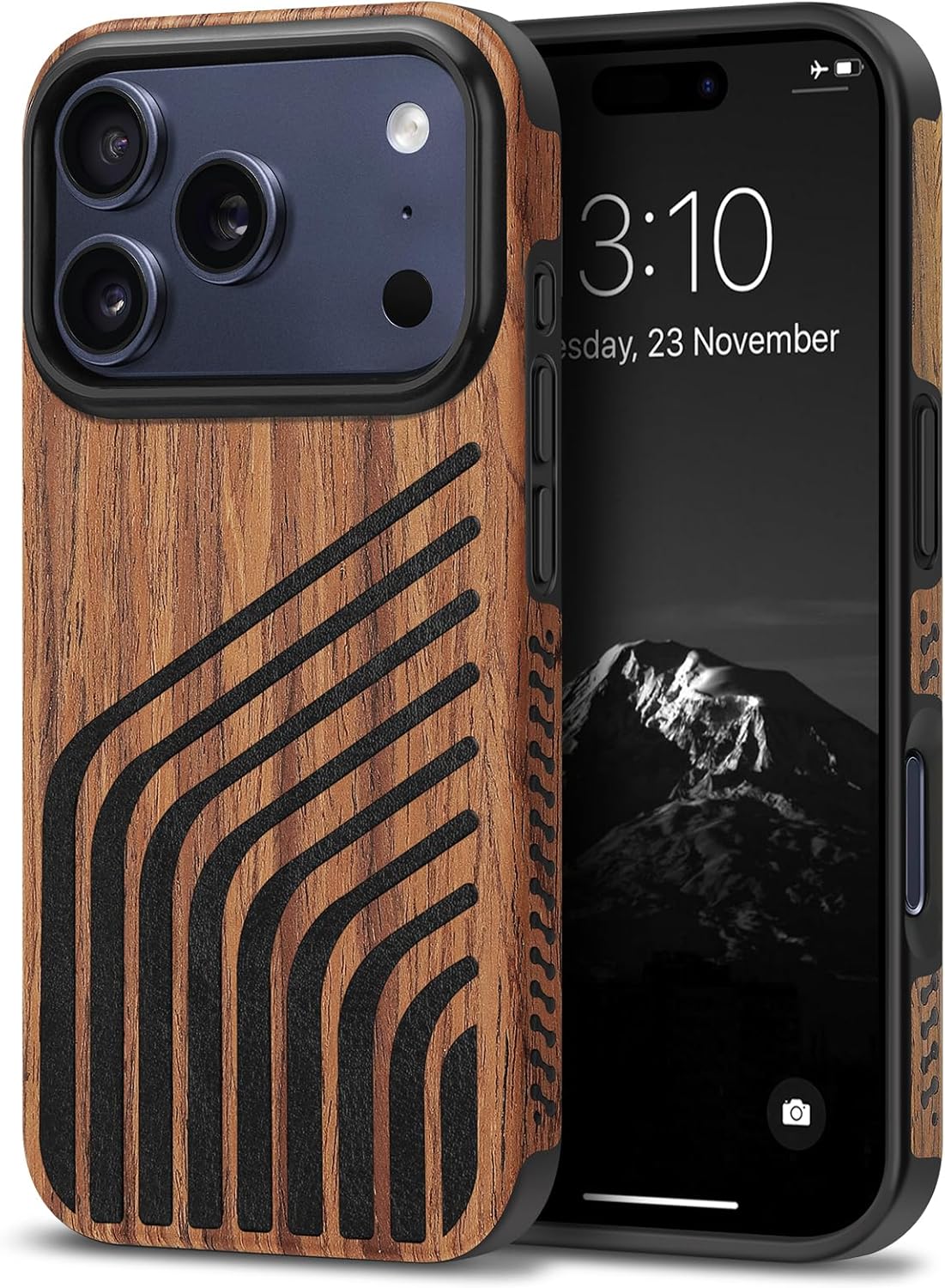 TENDLIN Compatible with iPhone 17 Pro Max Case Wood Grain with Carbon Fiber Texture Design Leather Hybrid Slim Case (Hairline)