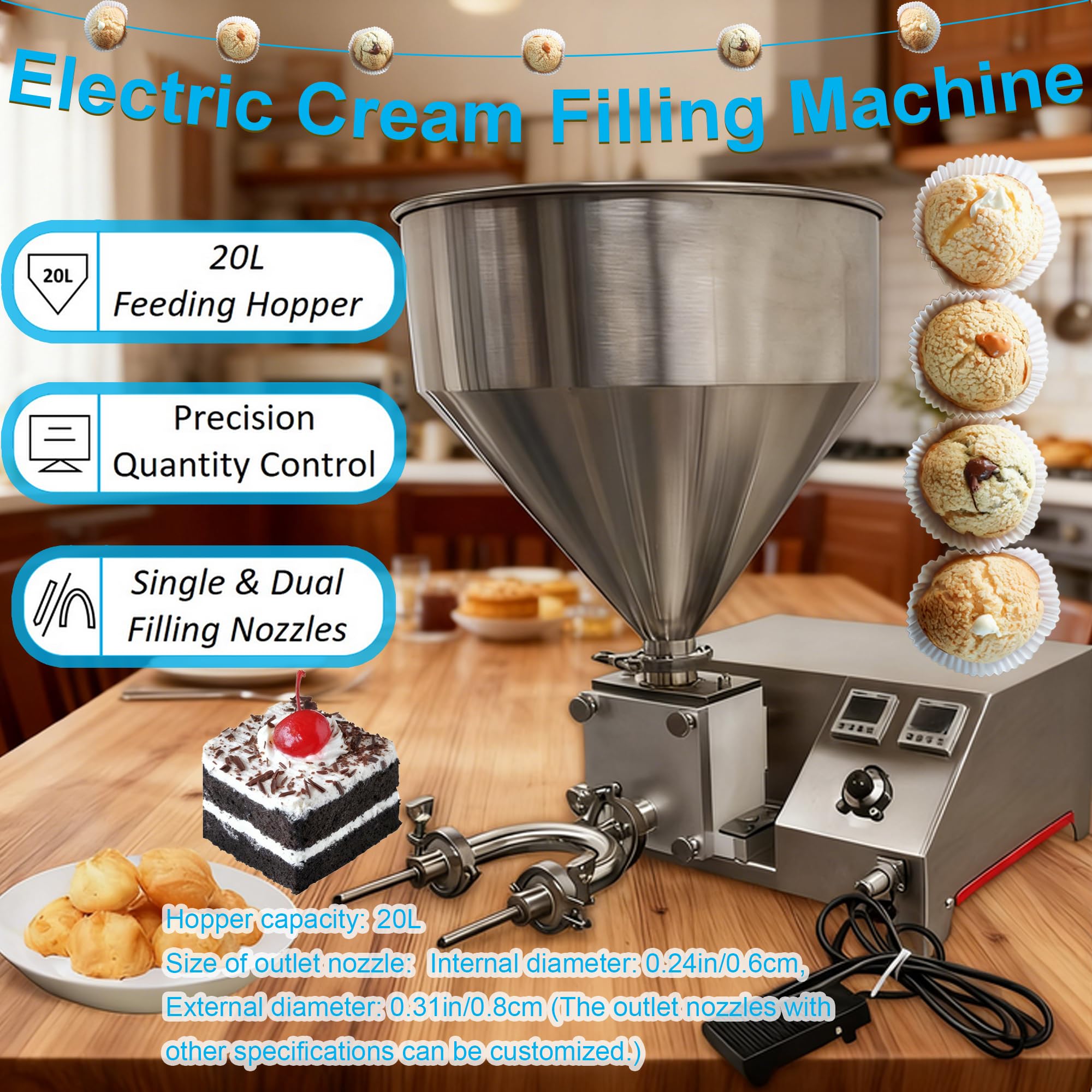 HayWHNKN 20L Electric Cream Filling Machine 110V Stainless Steel Puff Pastry Jam Filler Cake Bread Quantitative Filling Machine — view 2