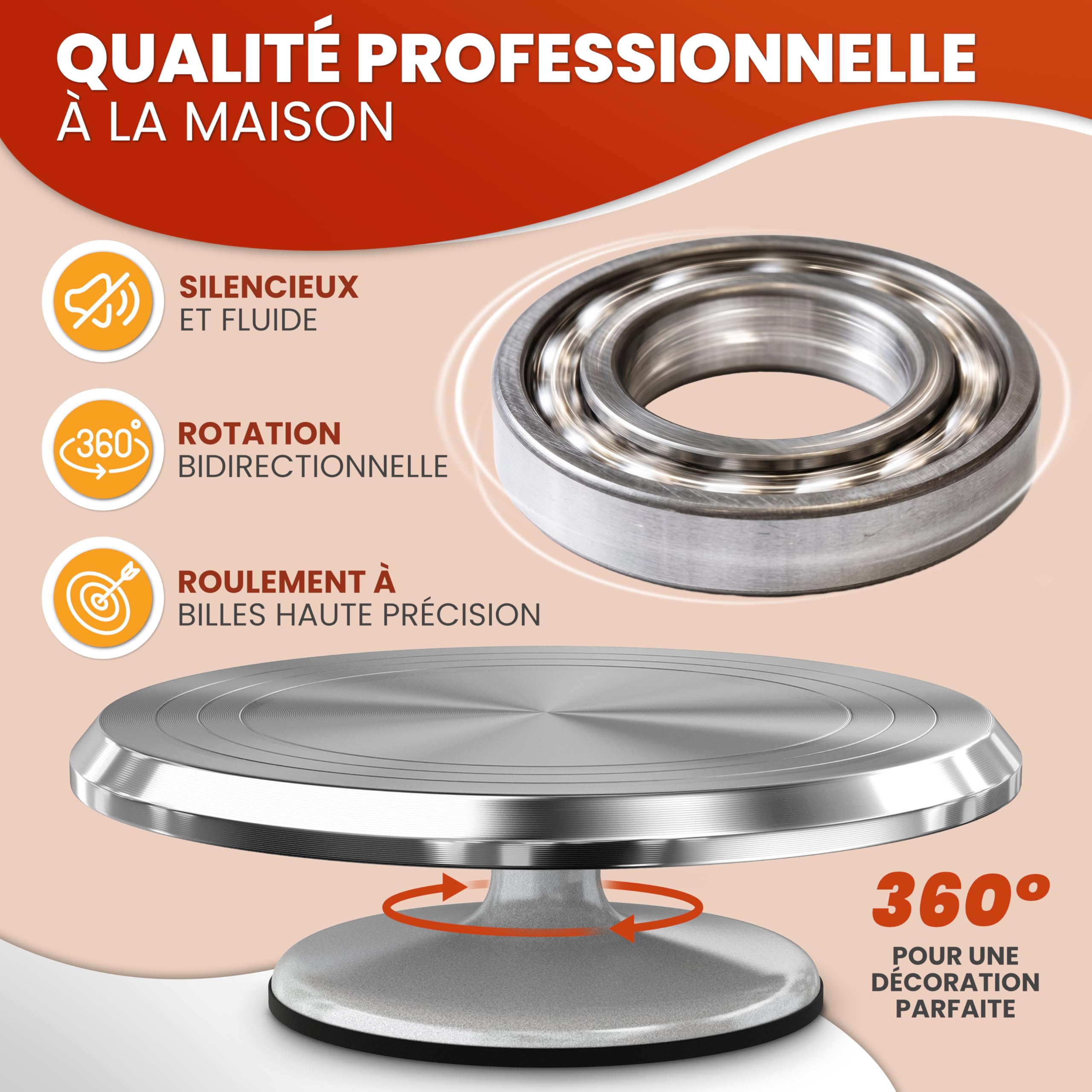 Plateau tournant pâtisserie en aluminium de qualité | Plateau tournant gâteau 30 cm avec fond antidérapant | Précis et stable | Ustensiles pâtisserie professionnels