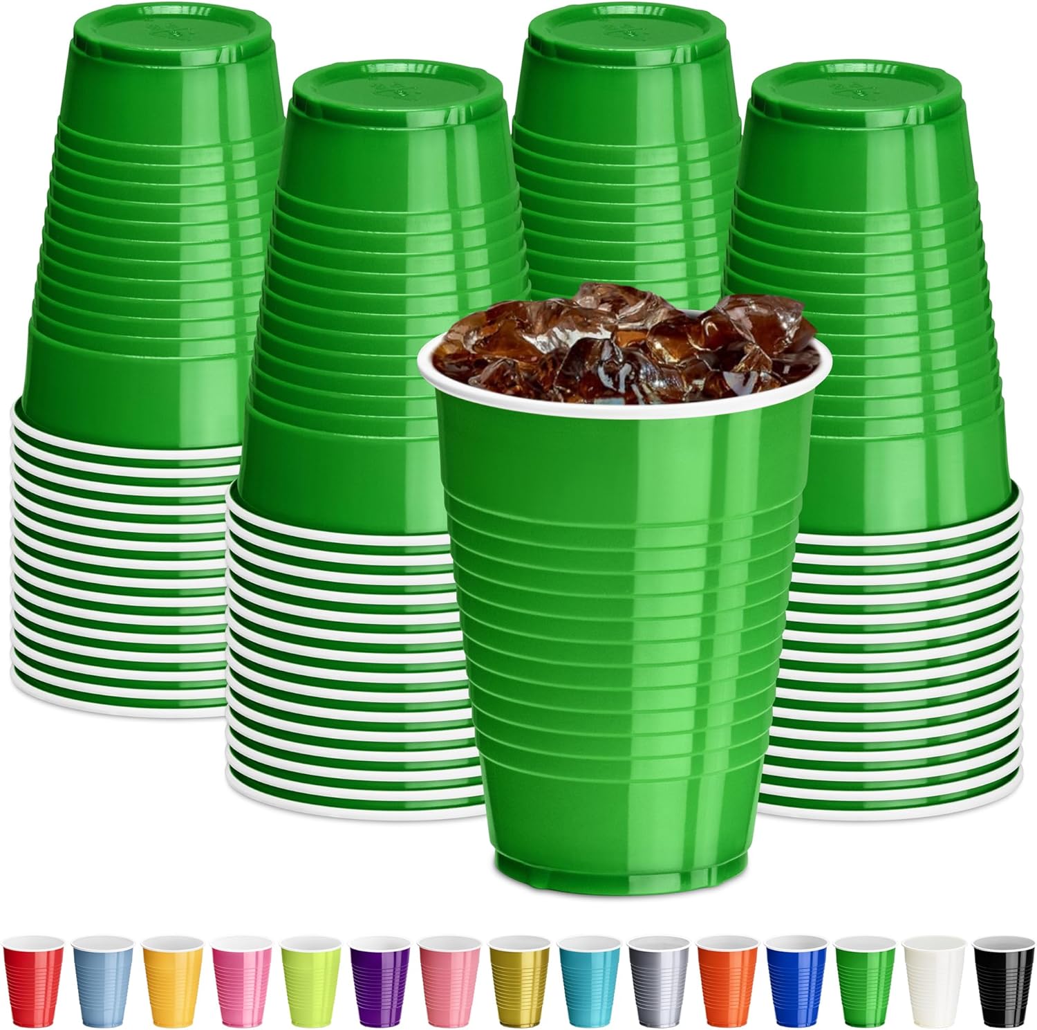 DecorRack Dark Green Plastic Cups, 12 oz Disposable Cups, Reusable Party Supplies (40 Count)