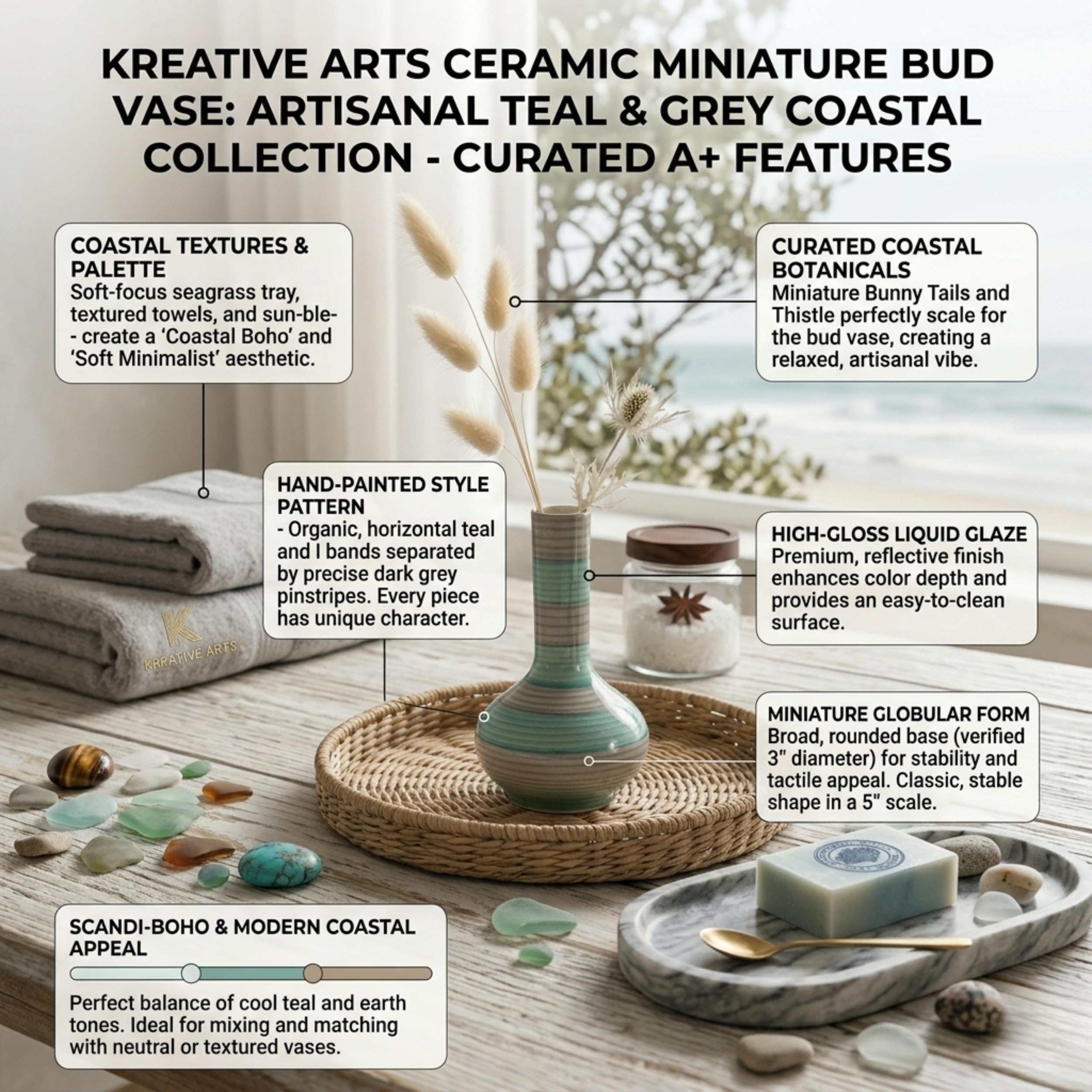 KREATIVE ART'S Ceramic Bud Vase, Globular Shape, Glossy Finish, Modern Style, 5 INCH (1, Grey and Blue Ring) 2