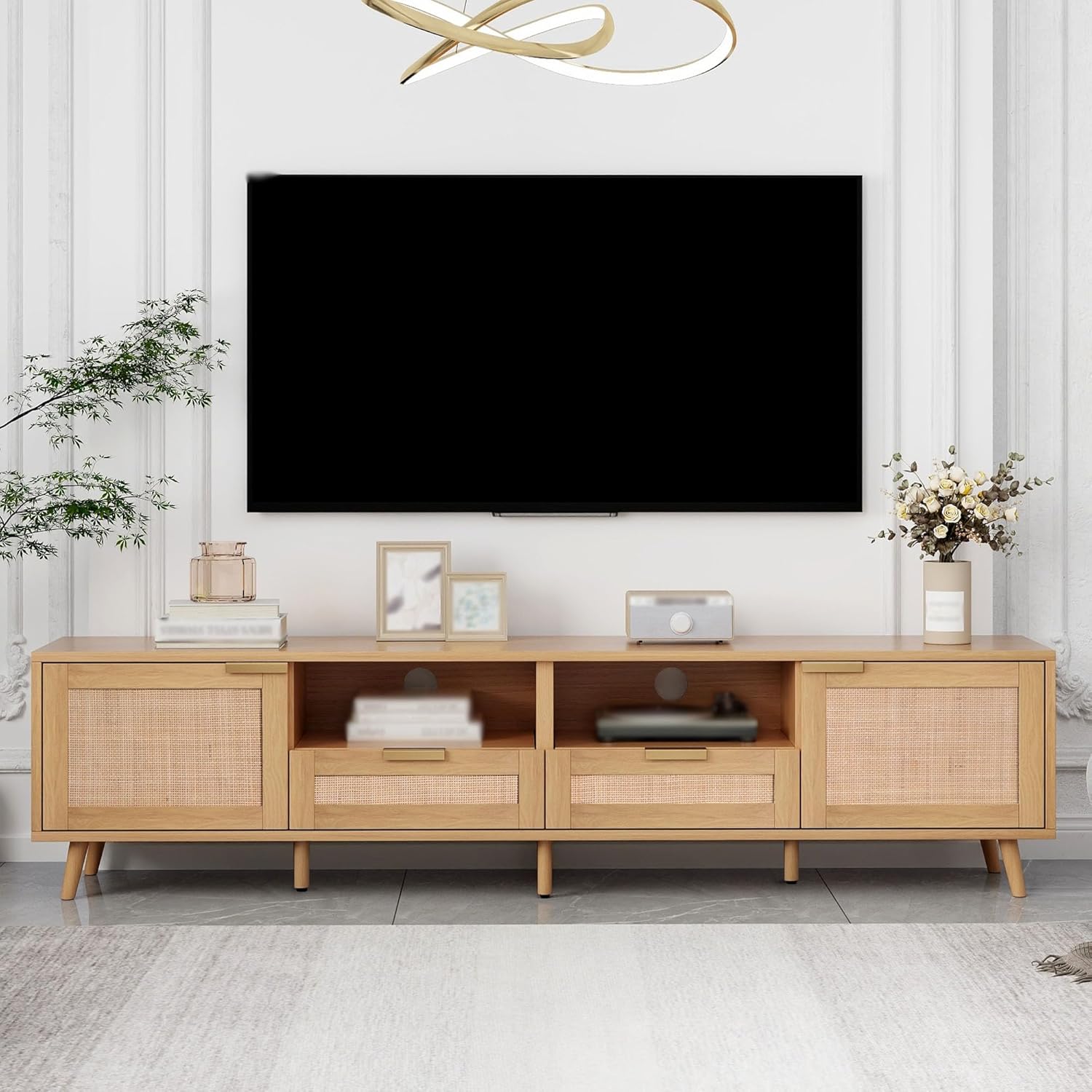 Rattan TV Stand for 85'' TV, Modern Farmhouse Media Console Table with Drawers, Open Shelves & Storage Cabinets, Boho Entertainment Center with Solid Wood Legs for Living Room Bedroom Office, Natural
