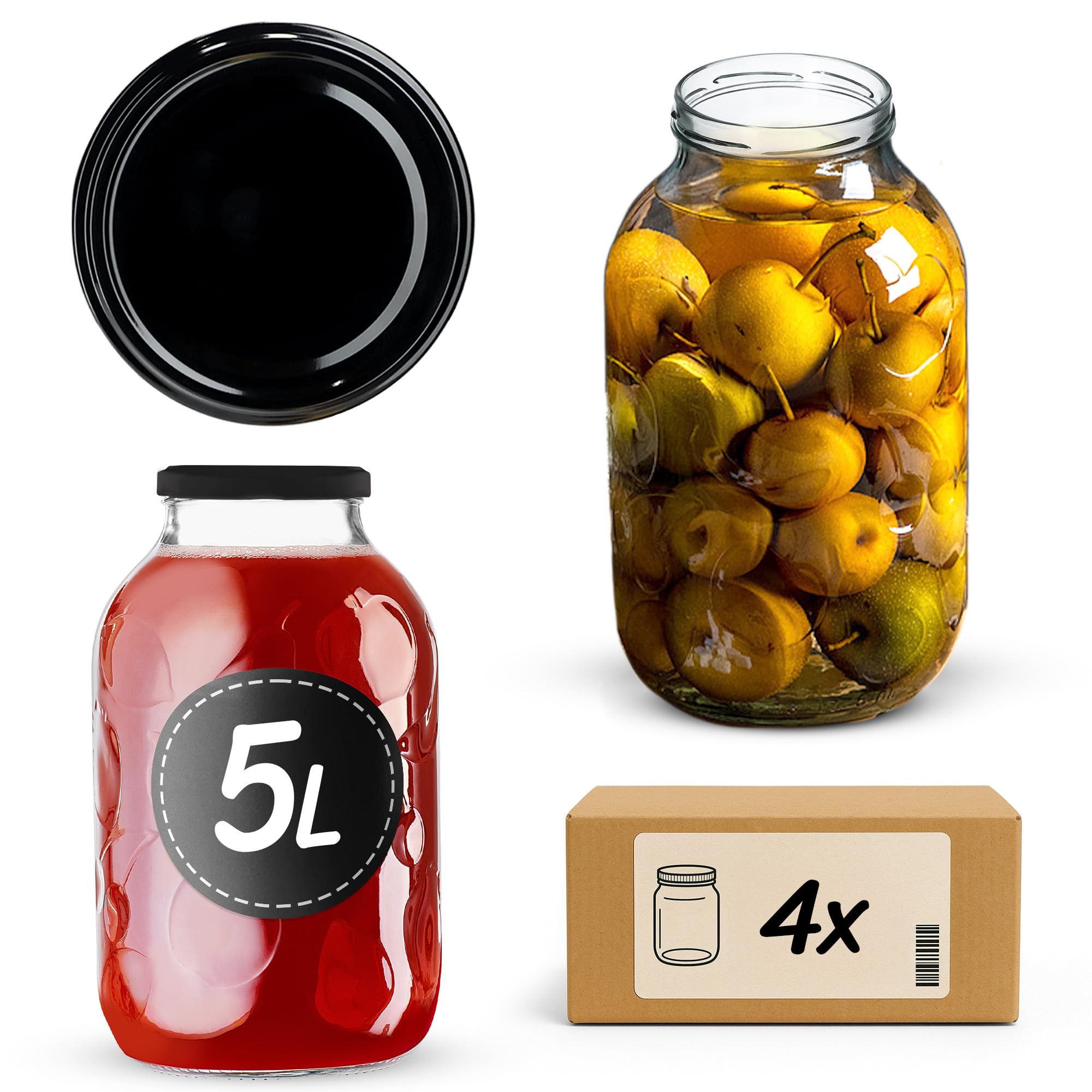 KADAX 4er Set Einmachgläser 5L mit TO100 Schraubdeckel Schwarz – Konservengläser für Gurken, Kombucha & Kimchi | Fermentieren, Einlegen & Einkochen