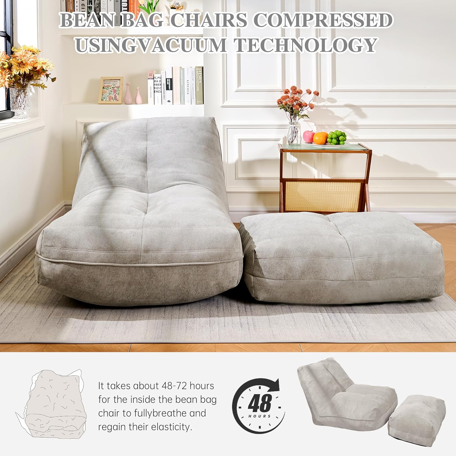 Bean Bag Chair with Ottoman, Comfy Bean Bag Sofa with Memory Foam, Lazy BeanBag Sofa with Footstool, Fireside Bean Bag Couch for Living Room, Bedroom, Apartment (Gray) - Image 8