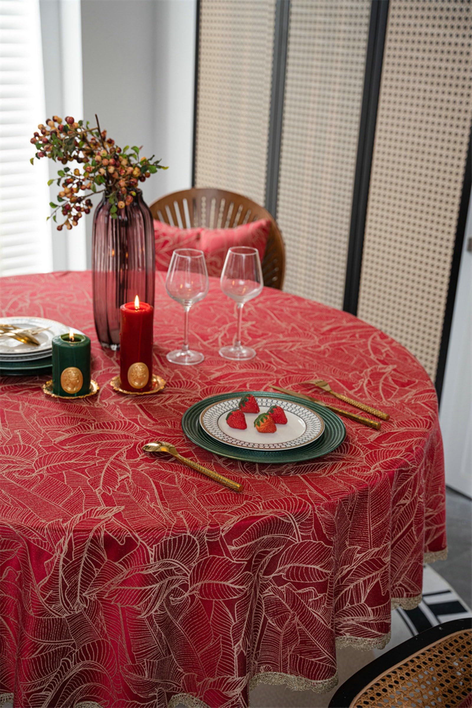 Mantel Antimanchas Mesa Redonda 160 cm, Rojo, Mantel Poliéster Hojas Jacquard con Borde de Encaje