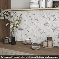 Vista 3 de VAOVI Azulejo de protección contra salpicaduras para despegar y pegar, azulejos para cocina, paneles de pared hexagonales de mármol