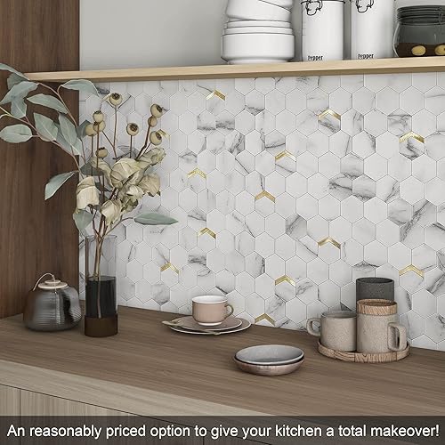 Miniatura 3 de VAOVI Azulejo de protección contra salpicaduras para despegar y pegar, azulejos para cocina, paneles de pared hexagonales de mármol (10 unidades,