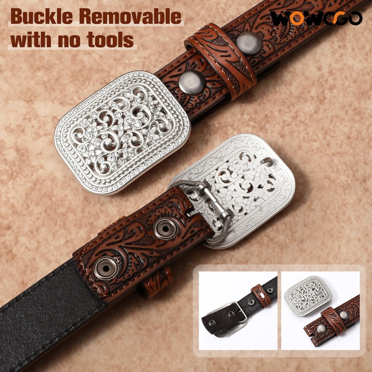 Kids Western Belt for Boys Girls Genuine Leather Cowgirl Cowboy Belt Floral Engraved Tooled Belt with Embossed Buckle - Image 4
