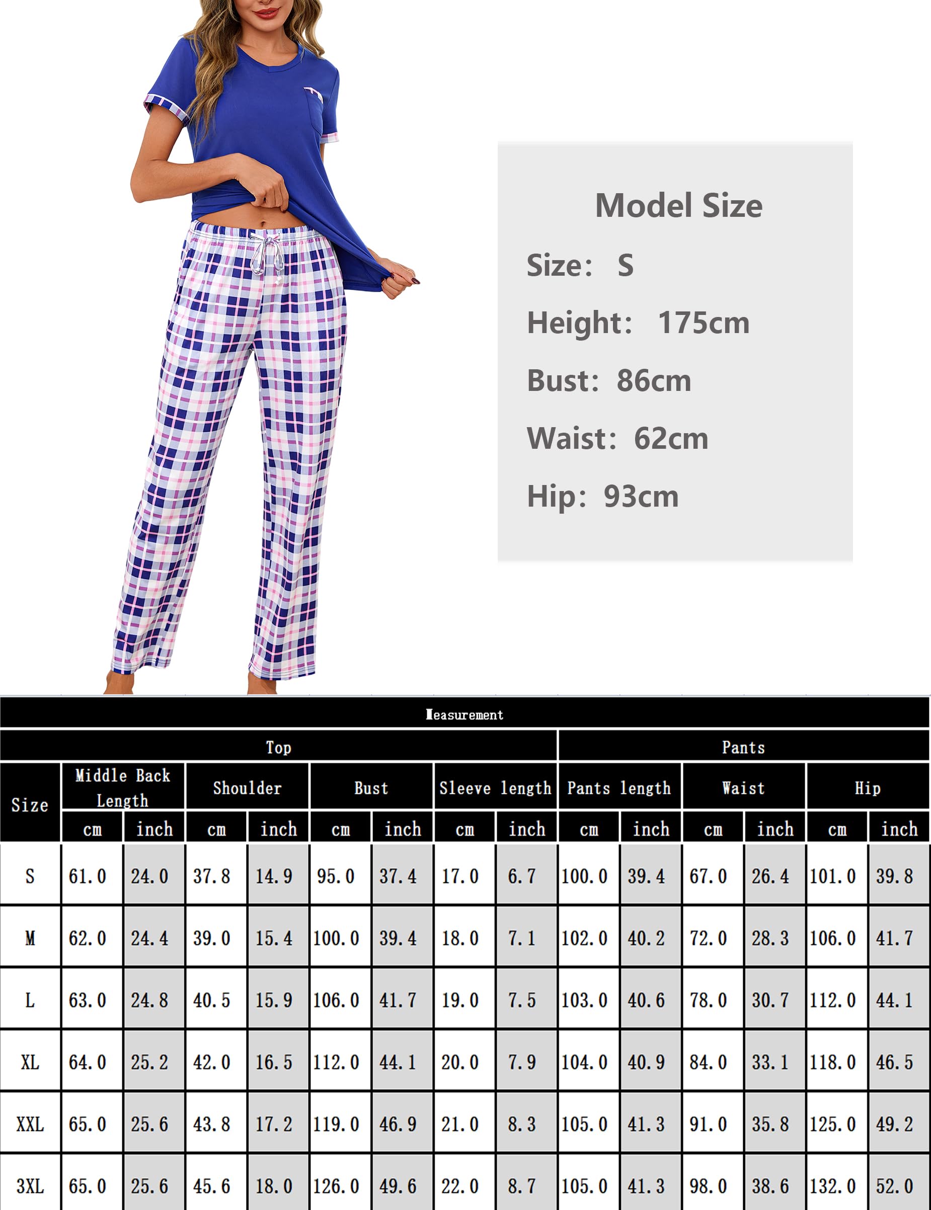 Ensemble de Pyjama Femme Coton Manche Courte Haut Uni avec Poche et Bas à Carreaux Ceinture Ajustable Vêtements de Nuit Confortables