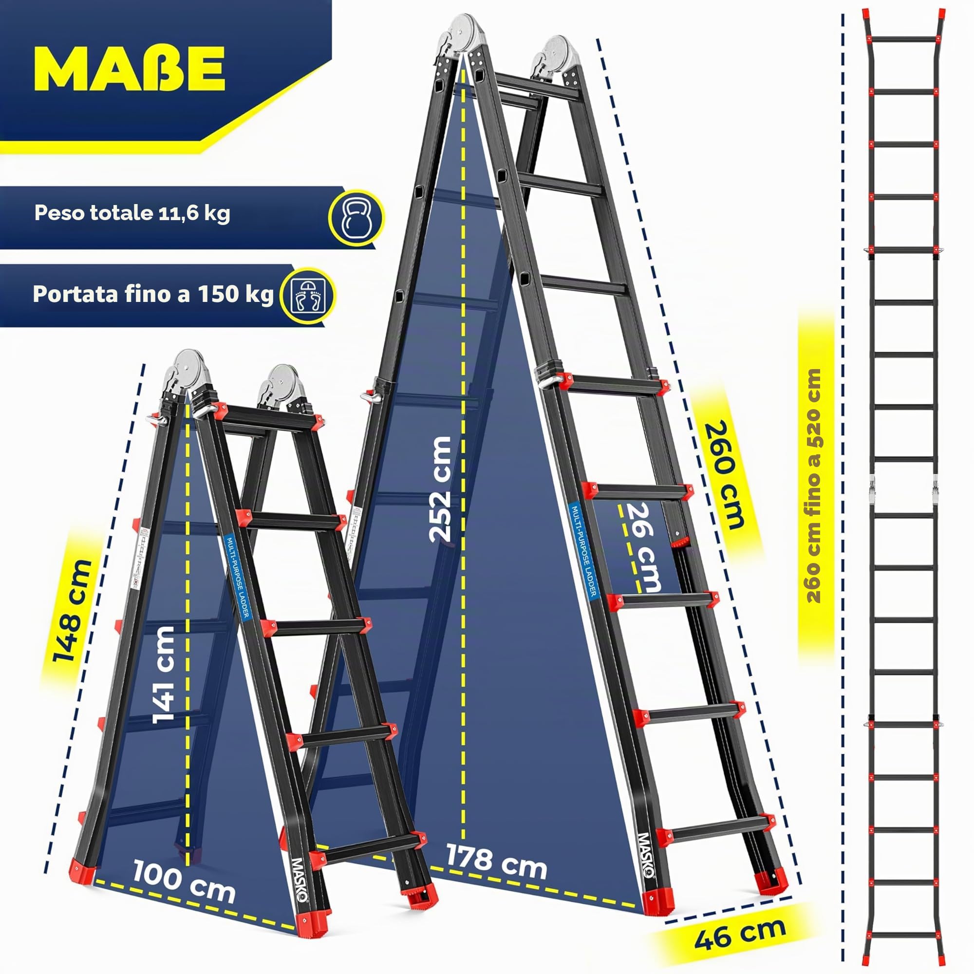 MASKO® Scala in alluminio Scala multiuso 5,10 m 4x5 pioli Scala telescopica ✓ Multifunzionale ✓ Pieghevole ✓ Singola ✓ Fissa ✓ Scala scorrevole ✓ Scaletta e bifacciale (5,10 m / 4x5 pioli nero/rosso)