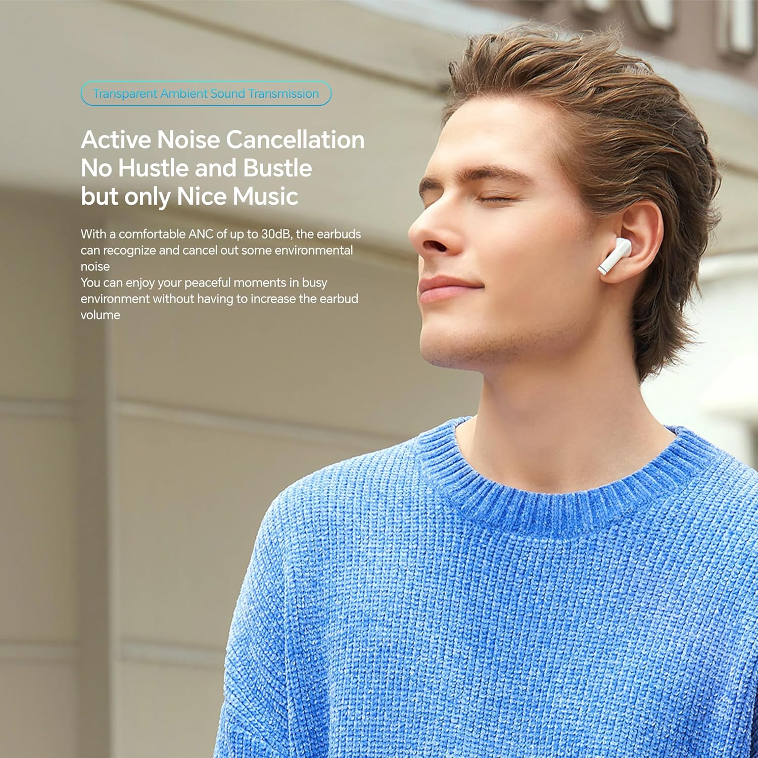 A man wearing a white HONOR CHOICE X5 earbud, illustrating the Active Noise Cancellation feature.