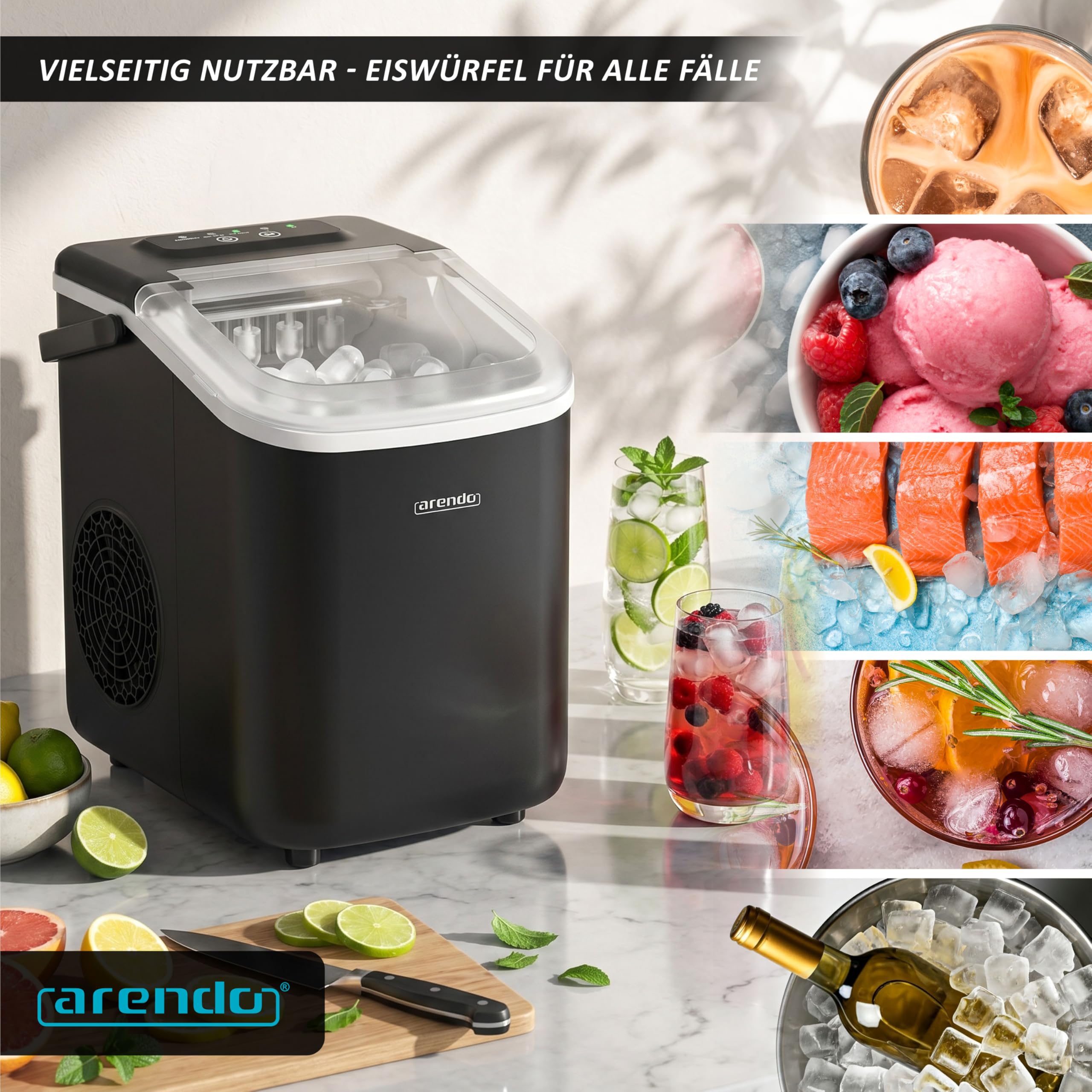 Arendo - Eiswürfelmaschine klein – max. 12 kg Eis pro Tag – 2 Größen große Würfel und kleine Würfel - großes Sichtfenster – doppelwandig – Eiswürfel Bullet – Tragegriff - Ice Maker