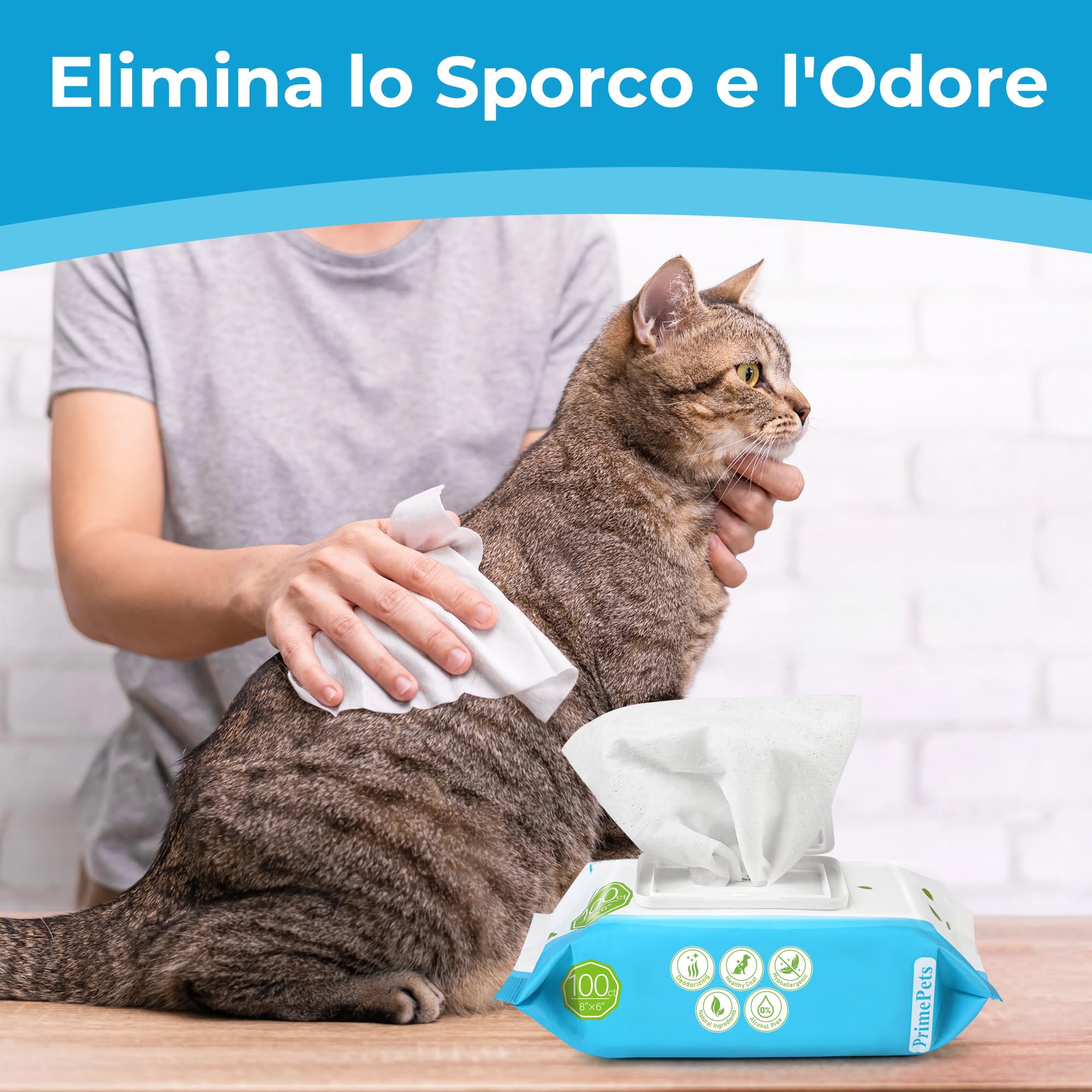 PrimePets Salviette Cane, 6 x 100 Pezzi, Salviette per Gatti, Salviette Delicate per la Toelettatura dei Cani, per la Pulizia di Sederino, Viso, Occhi, Orecchie, Zampe, Senza Profumo