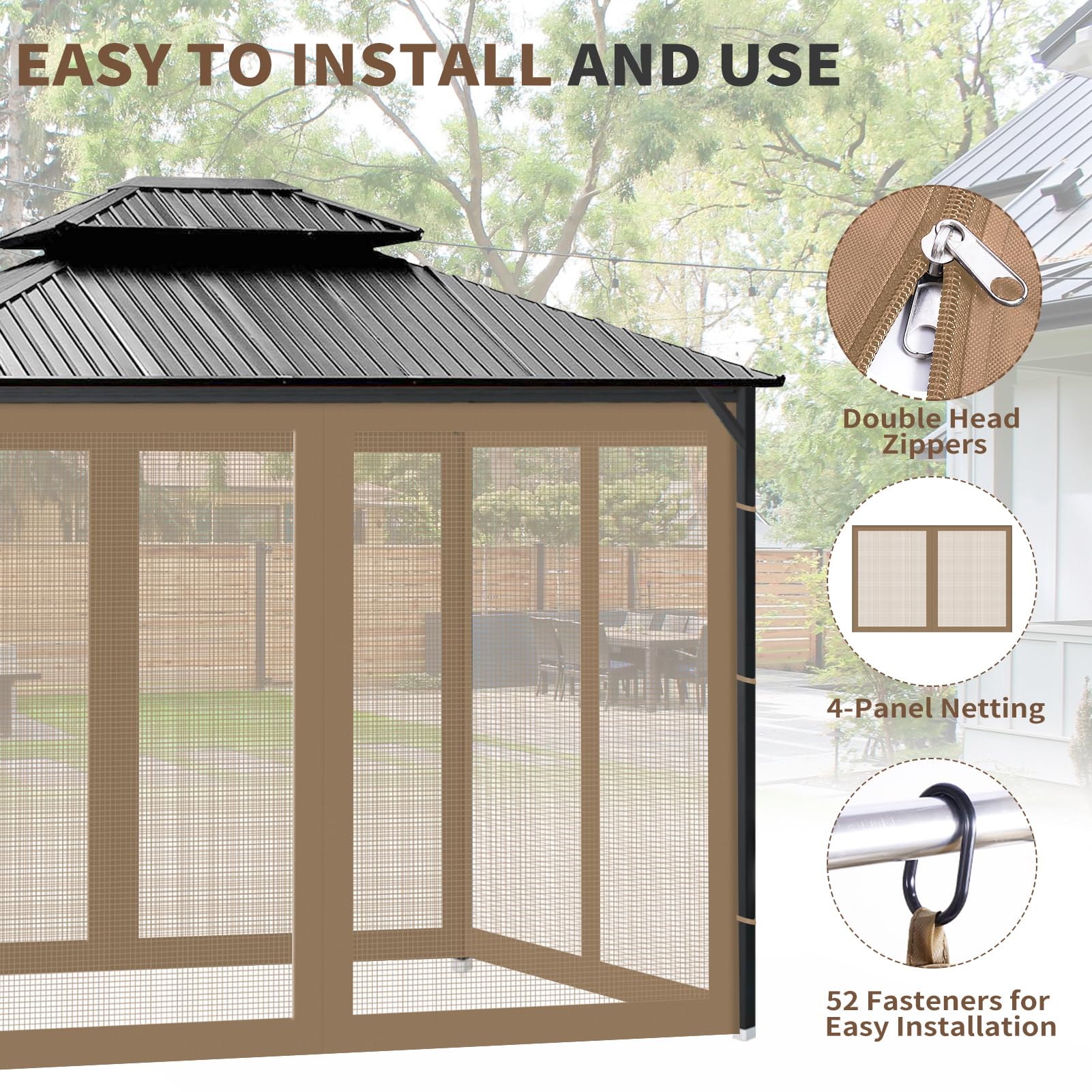 Mosquitera universal de repuesto para kiosco, pantalla de toldo para exteriores, 4 paneles de pared lateral, con cremalleras, fácil de instalar, se adapta a la mayoría de toldos, patios, caqui (10 x 5