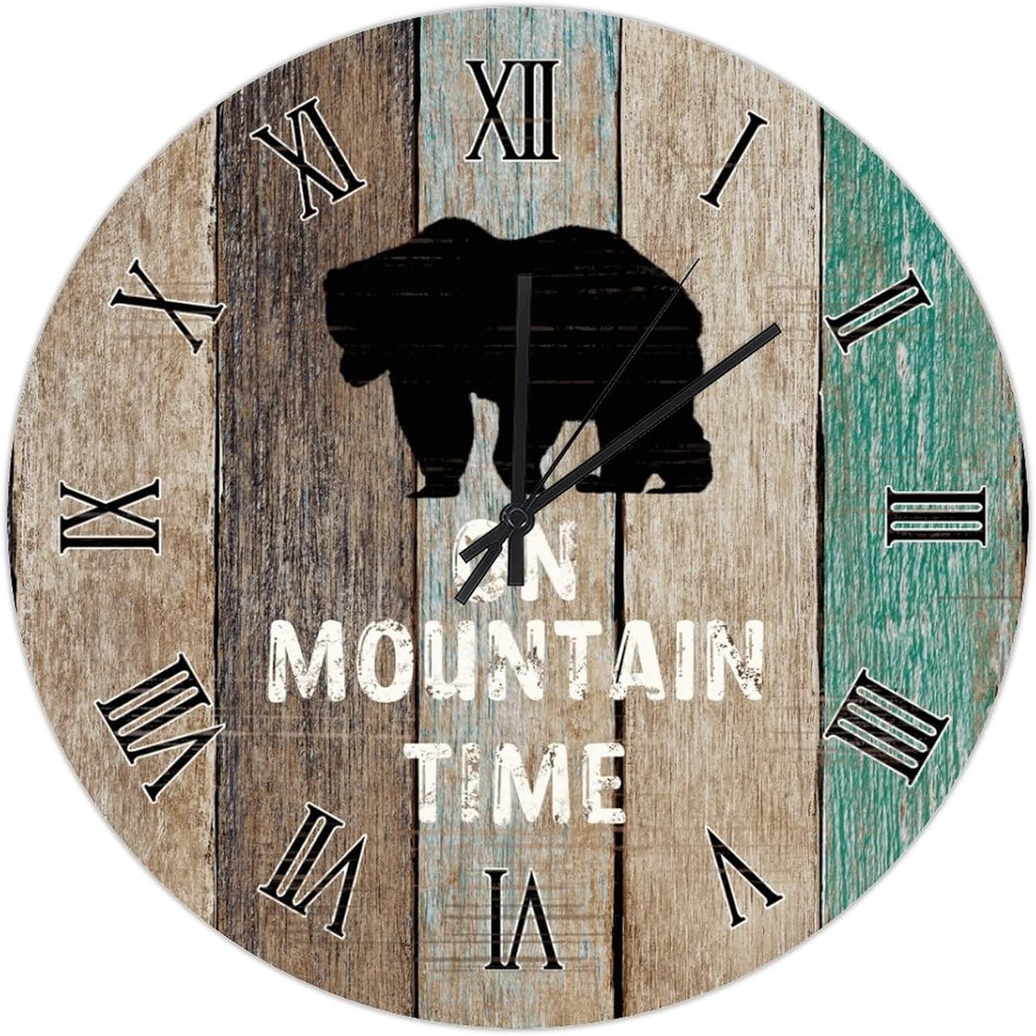 UFunhome Animal Bear Wall Clocks Retro Wood Grain Pattern Round Wooden Clock 15" Battery Operated Silent Clock On Mountain Time Wall Art Roman Numeral Farmhouse Decorative for Home Office School