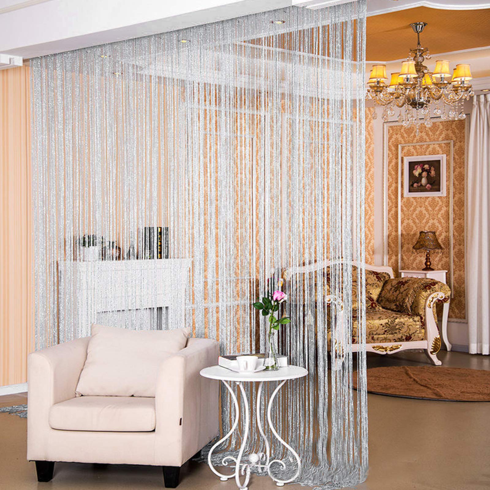 Youyijia String Curtain Panels Glitter 100 * 200cm Curtains Hanging Beaded Bedroom Curtain Window Doorways Door Fly Screen Room Divider Net Curtain String Curtain for Doorway (Silver1)
