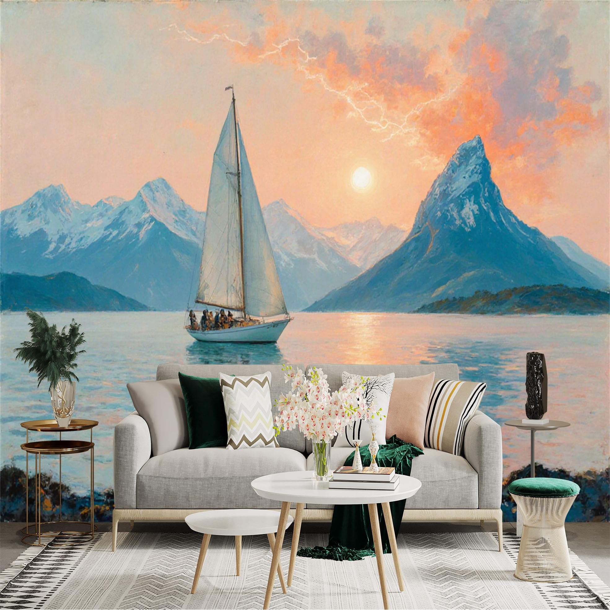 Custom Size Wall Sticker Mural， Sailboat on Lake with Sunset and Snowy Mountains， for wall Decoration， peelandstick wall Decals.