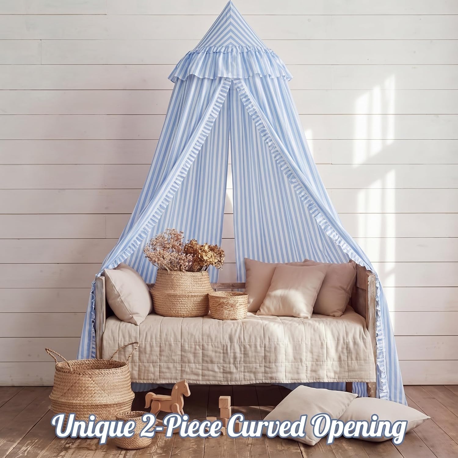 SmoothNovelty Blue Striped Bed Canopy with Ruffles, Soft Cute Decorative Tent, Hanging Bed Curtains for Reading Nook Play Area, Adult Bedroom Circus Tent Canopy