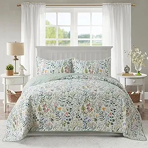 NEWLAKE Cotton Bedspread Quilt Sets-Reversible Patchwork Coverlet Set, Green Classic Floral Pattern, King Size