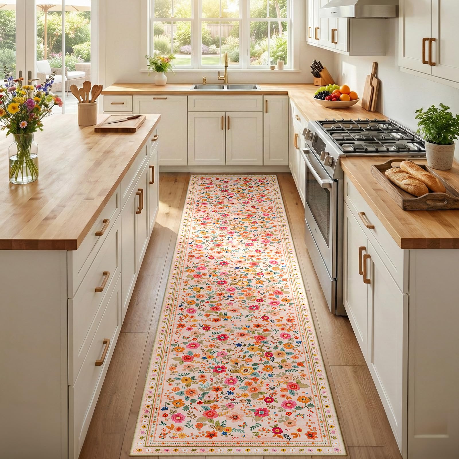 INOVADAY Washable Rug Floral Print 60x300 cm Pink/Beige Hallway Runner Rug