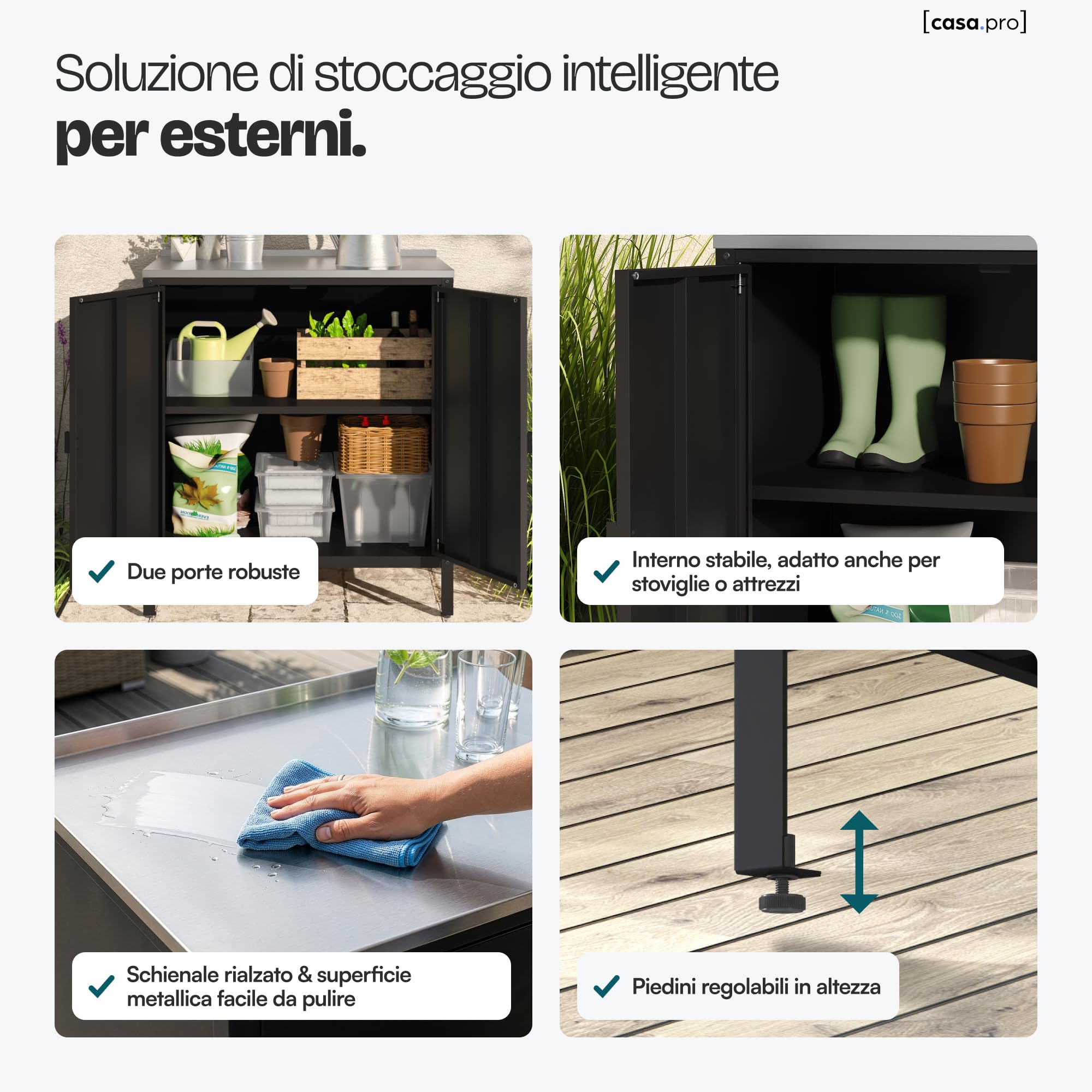 casa.pro Armadio da Giardino Mobile Organizzatore da Esterno 92 x 80 x 50 cm Armadietto in Acciaio con 2 Ante e Ripiano Piedini Regolabili per Livellare - Nero Opaco