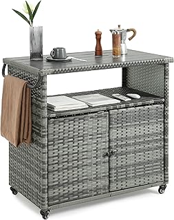 Wicker Outdoor Bar Cart - Gray Gradient Patio Console Storage Table Buff...