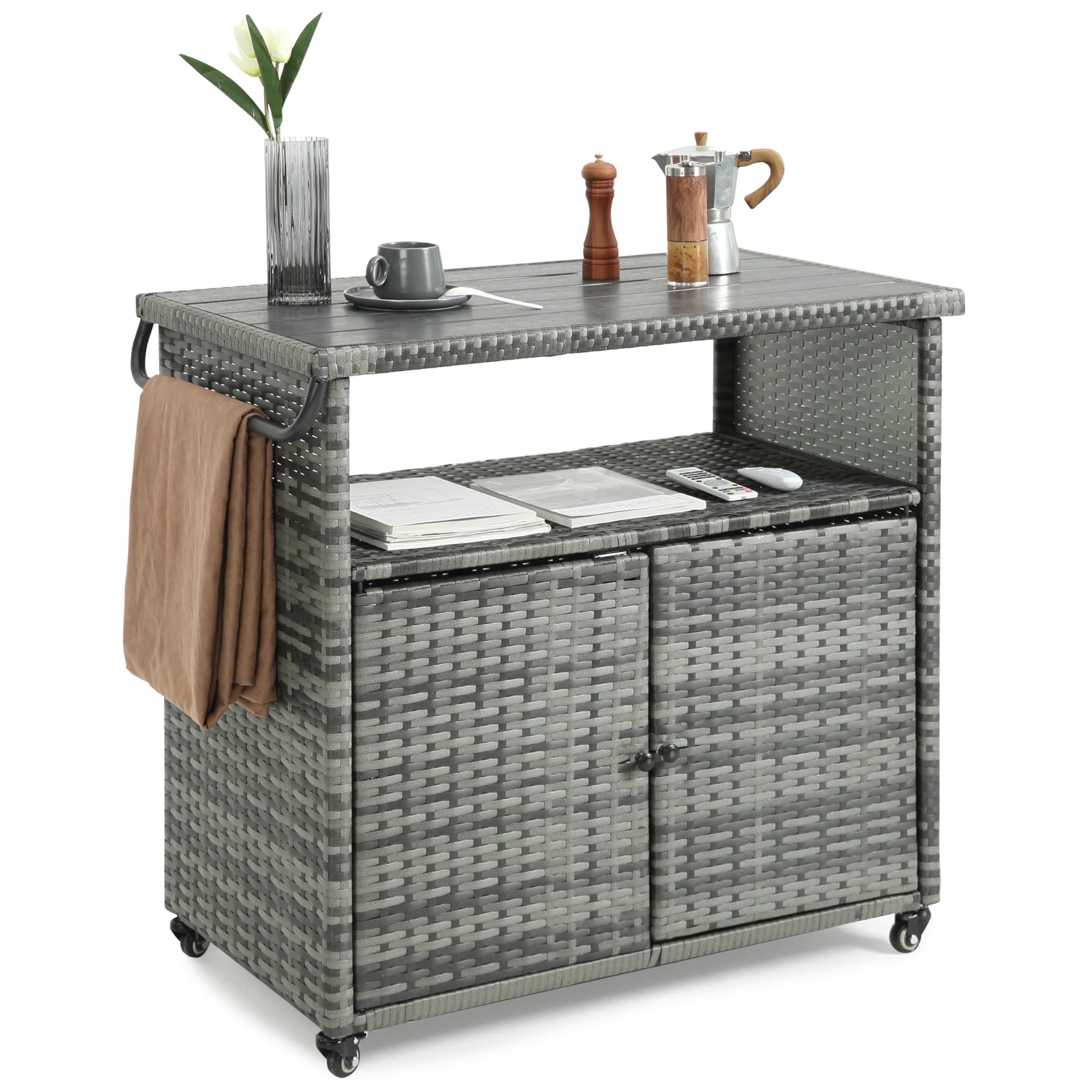 Villeston Wicker Outdoor Bar Cart - Gray Gradient Patio Console Storage Table Buffet Cabinet Serving Kitchen Cart with Wheels for Outside Backyard