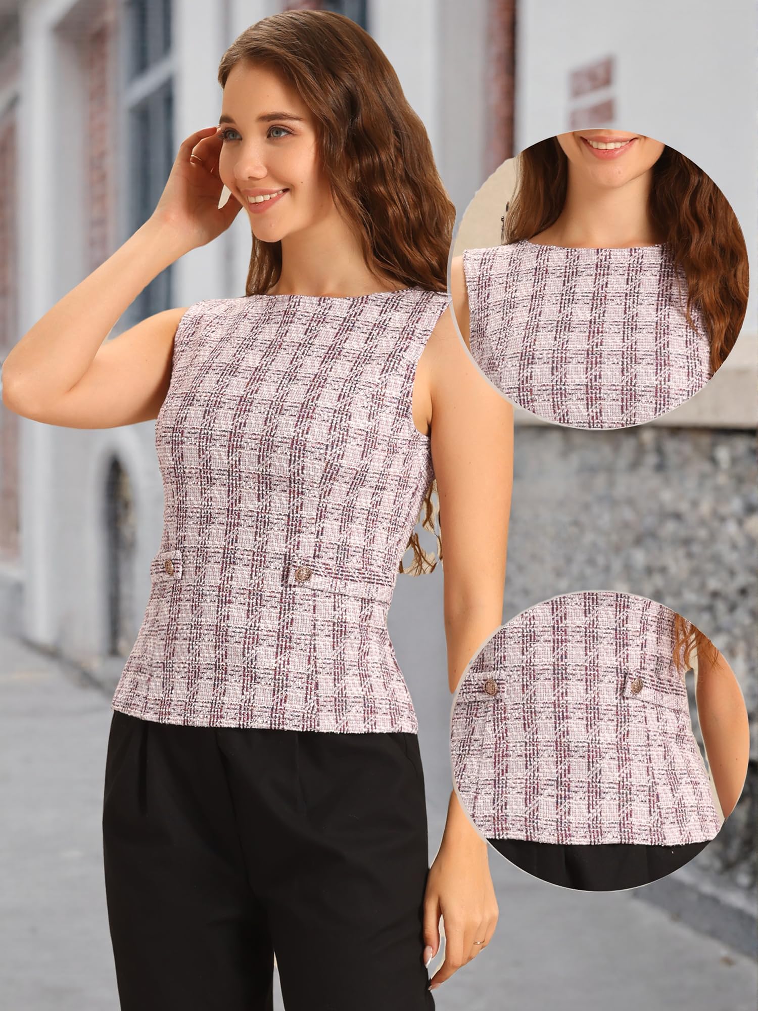 Allegra K Donna Top Tweed Elegante Stampa Scozzese Senza Maniche Girocollo in Vita Fibbia Posteriore Cerniera Blazer Gilet