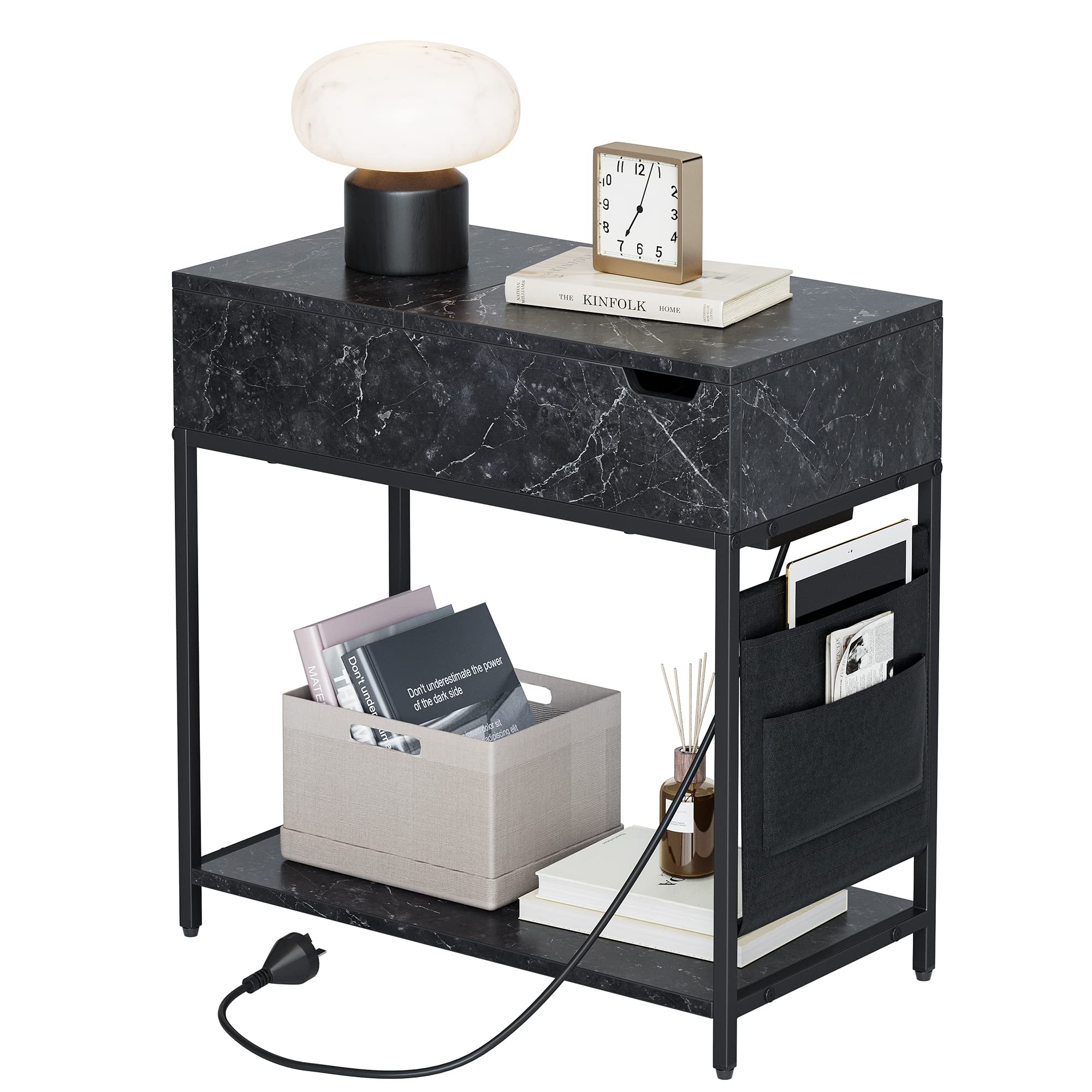Photo 1 of **USED** CubiCubi End Table with Power Outlets & USB Ports, Flip Top Narrow Side Table with Storage Shelf Pockets