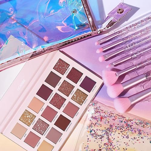 Miniatura 5 de UCANBE Kit de maquillaje para mujeres y adolescentes, 18 colores de sombra de ojos nude + 7 brochas de maquillaje suaves + bolsa de cosméticos rosa,