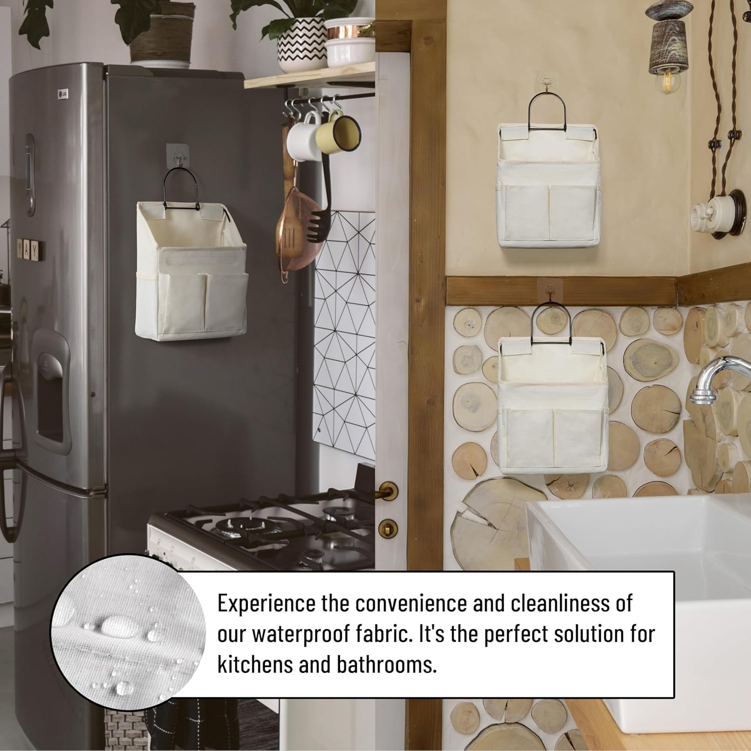 2pcs Wall Hanging Storage Bag, Small Door Closet Linen Fabric Pockets Organizer, Waterproof Multi Functional for Living Room Bedroom Bathroom Kitchen RV Camper with Hooks All White - Image 5