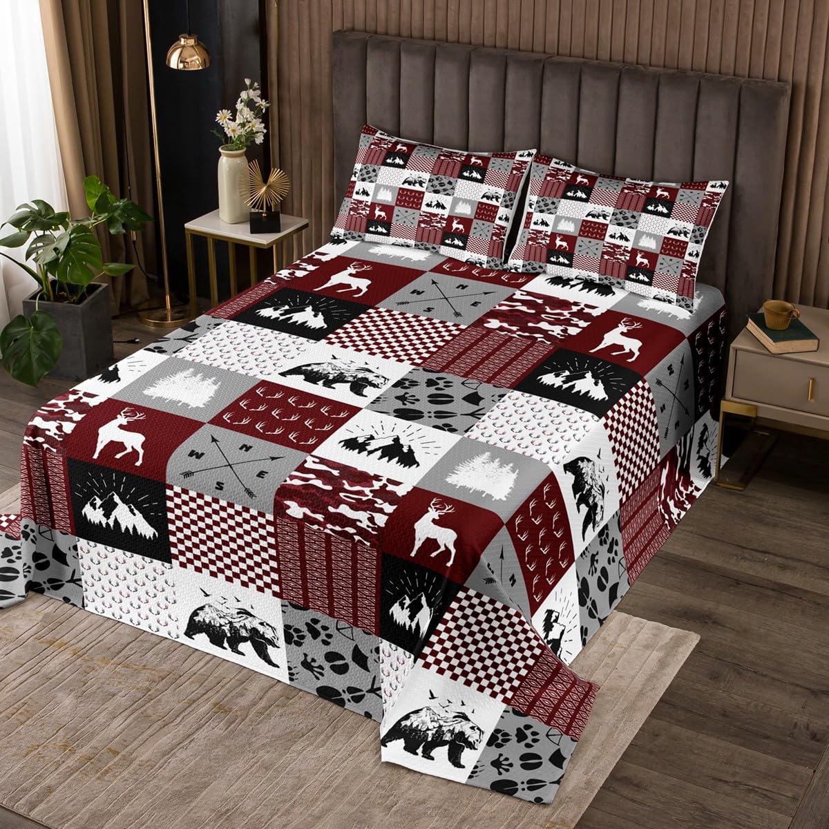 Camouflage Coverlet Set Rustic Deer Bear Patchwork Quilt Set Queen for Teens Men,Woodland Animals Bedspread Set Red Camo Buffalo Checkered Plaid Quilted Country Decor,Antler Farmhouse Decor