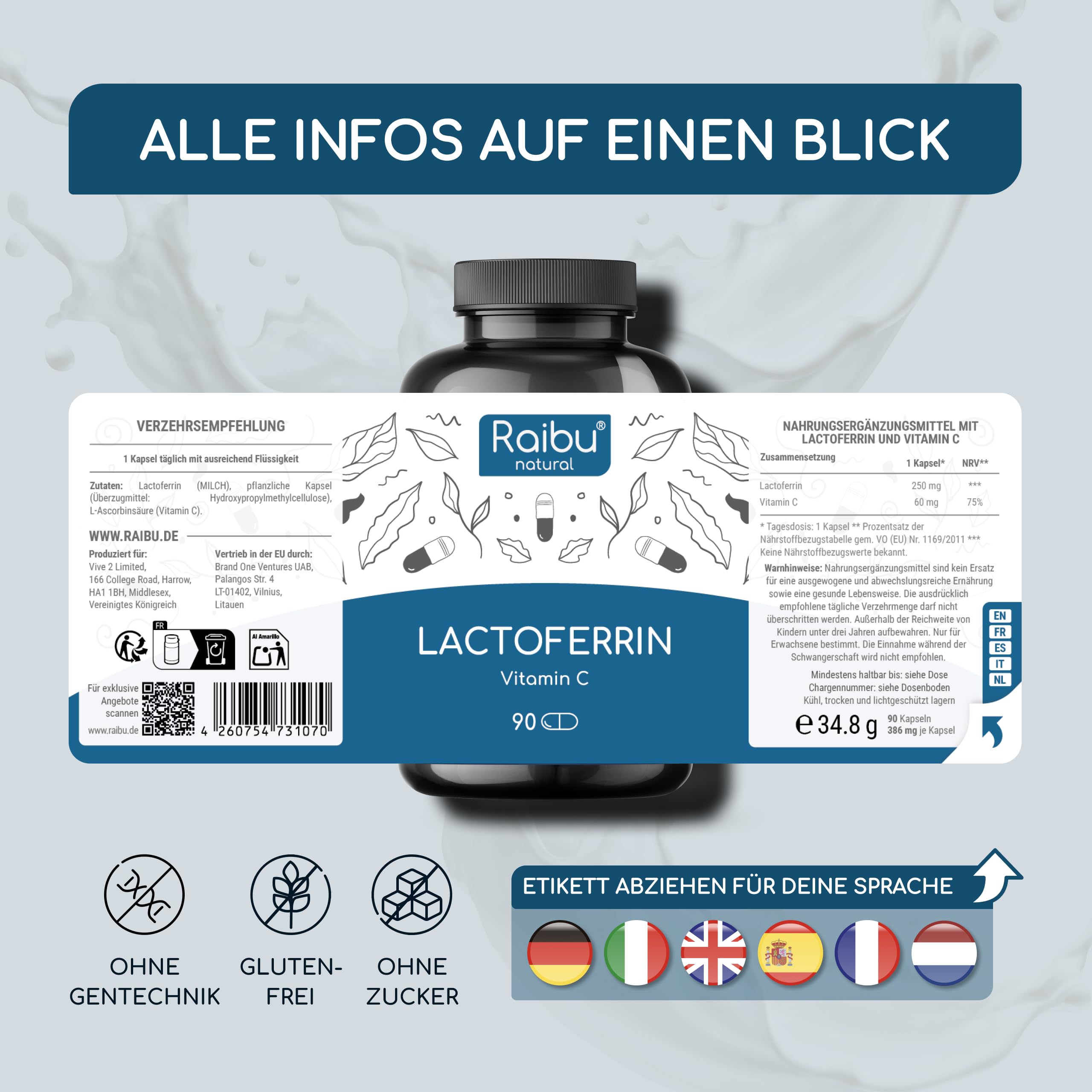 Lactoferrin 250 mg pro Kapsel - 90 Kapseln: 3 Monate Vorrat - mit 60 mg Vitamin C - für Eisenaufnahme & Immunsystem - hochdosiert mit >95% Lactoferrin - 1 Kapsel täglich, ohne Zusatzstoffe